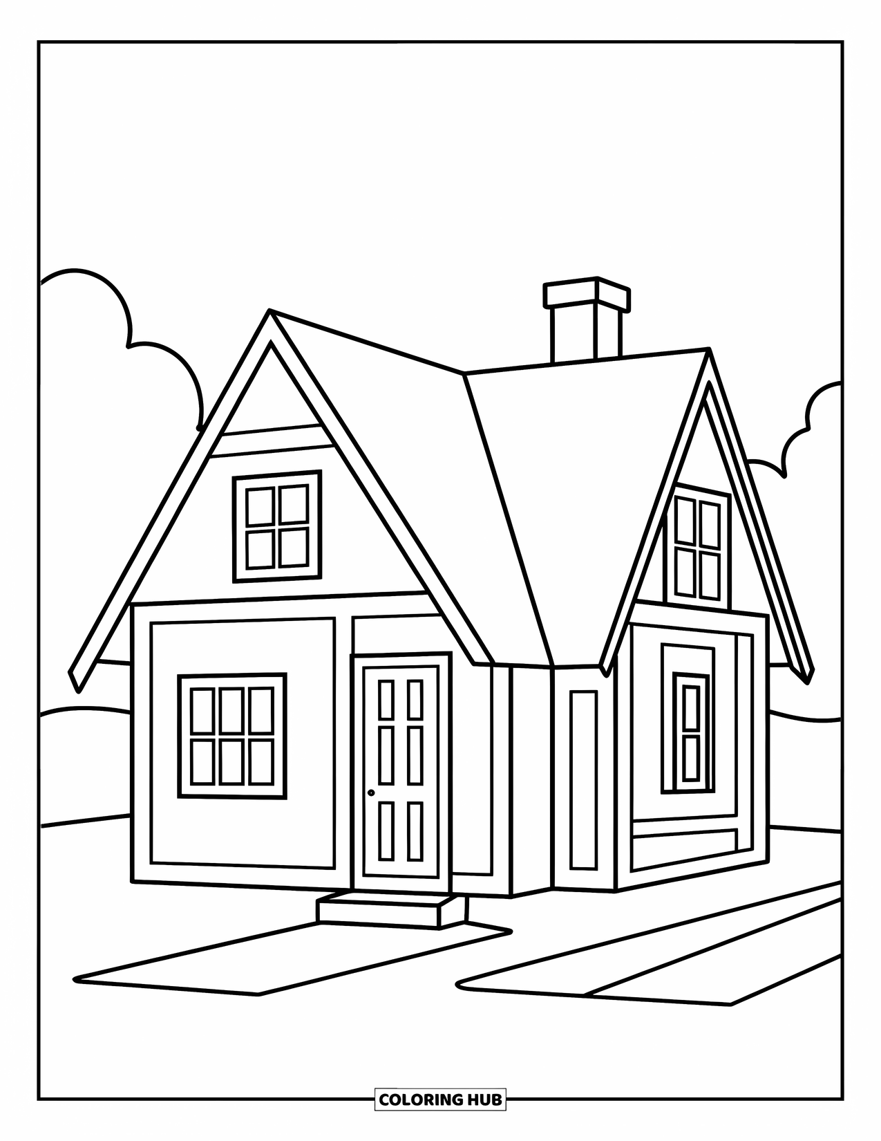 Geometric Coloring Page for Kids: A cozy house made of big shapes stands with a welcoming smile