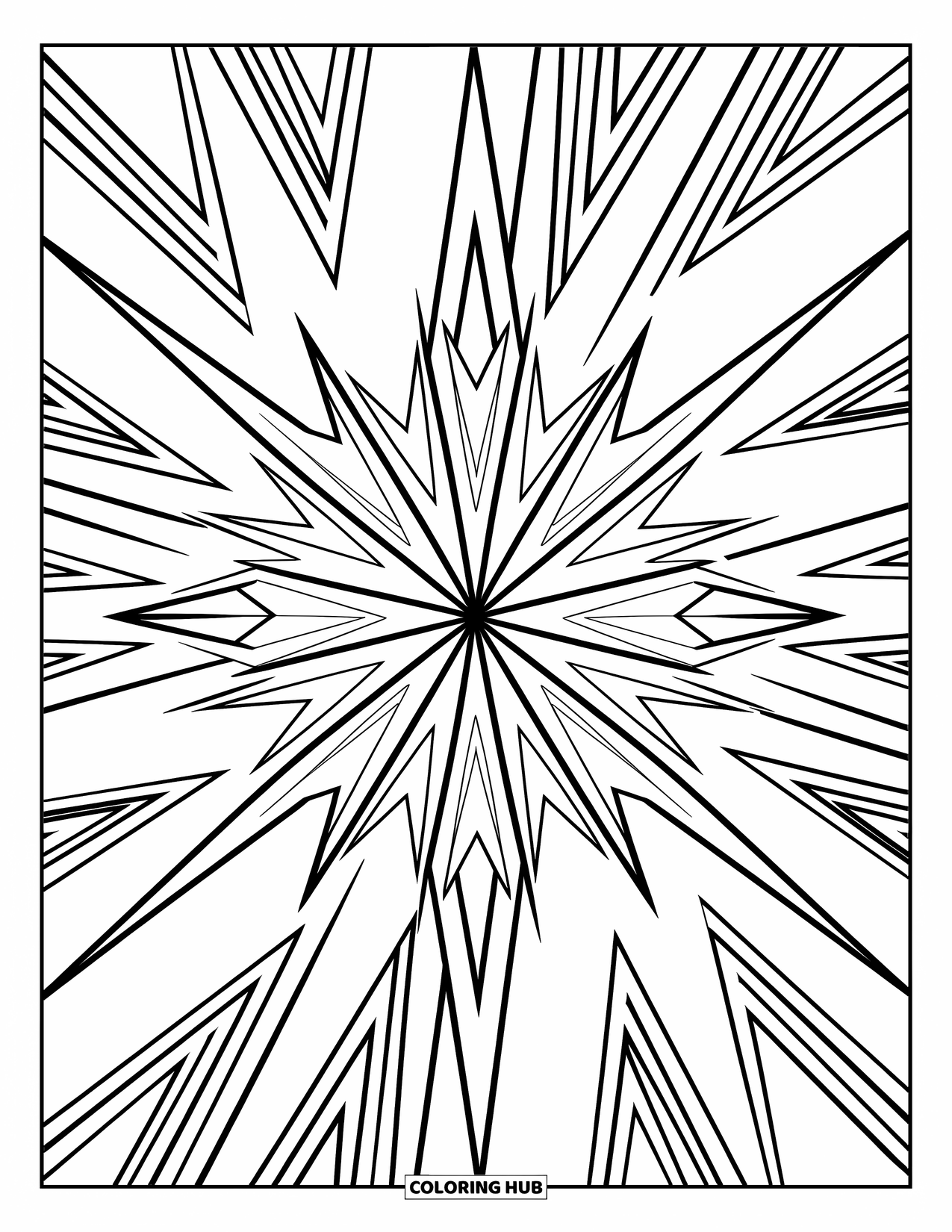 Geometric Coloring Page for Kids: A dynamic explosion of triangles spreads outward in a modern, sharp design