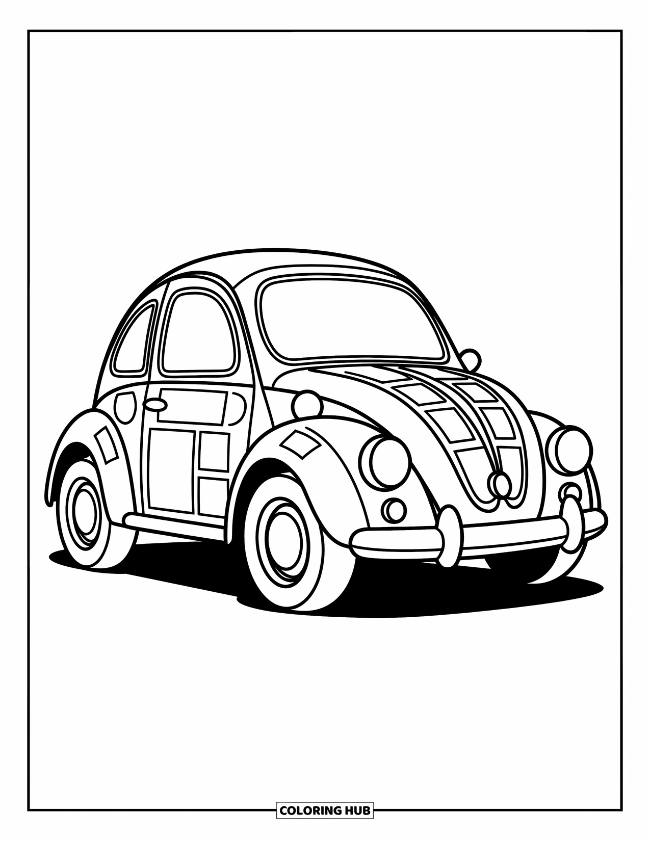 Geometric Coloring Page for Kids: A happy car made of shapes waits under soft clouds and open skies