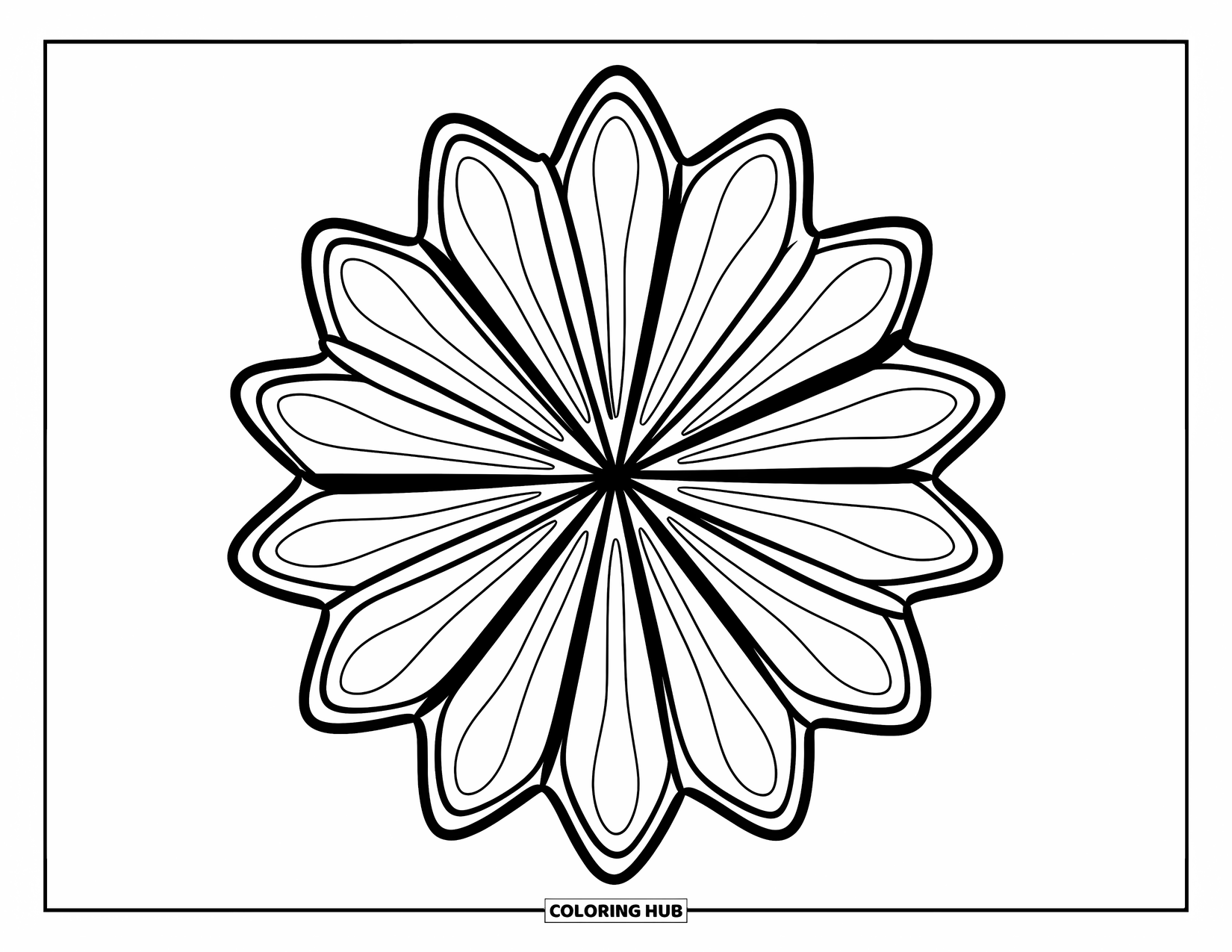 Geometric Coloring Page for Kids: A layered hexagon flower blooms with crisp, expressive shapes