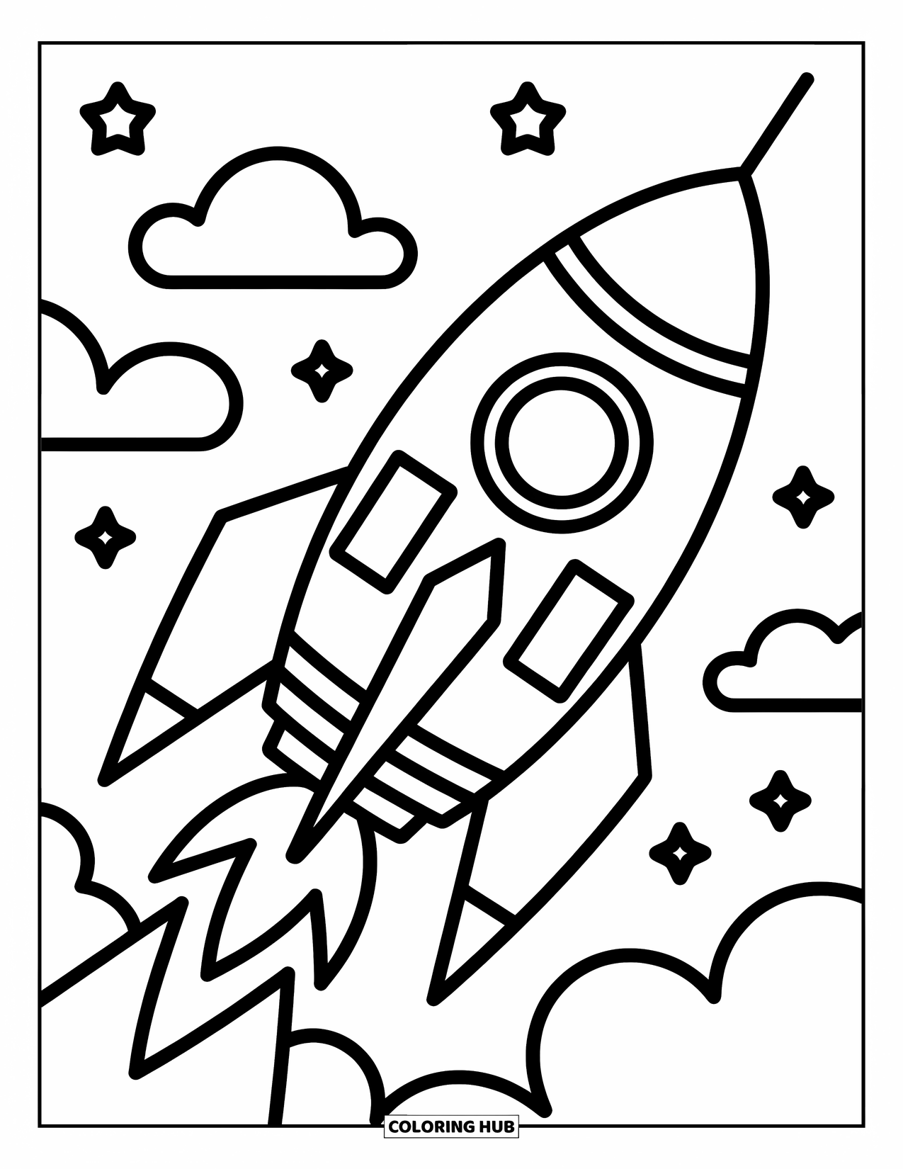 Geometric Coloring Page for Kids: A rocket made of triangles and rectangles launches through stars and clouds
