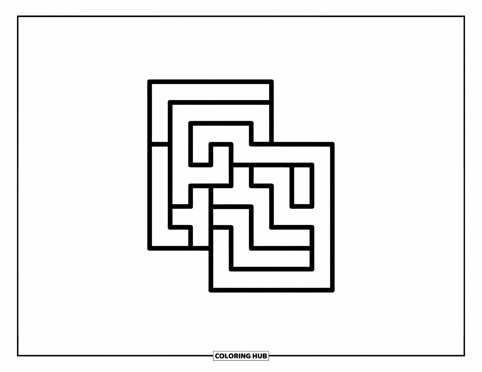 Geometric Coloring Page for Kids: A simple maze made of curves and rectangles winds through the page