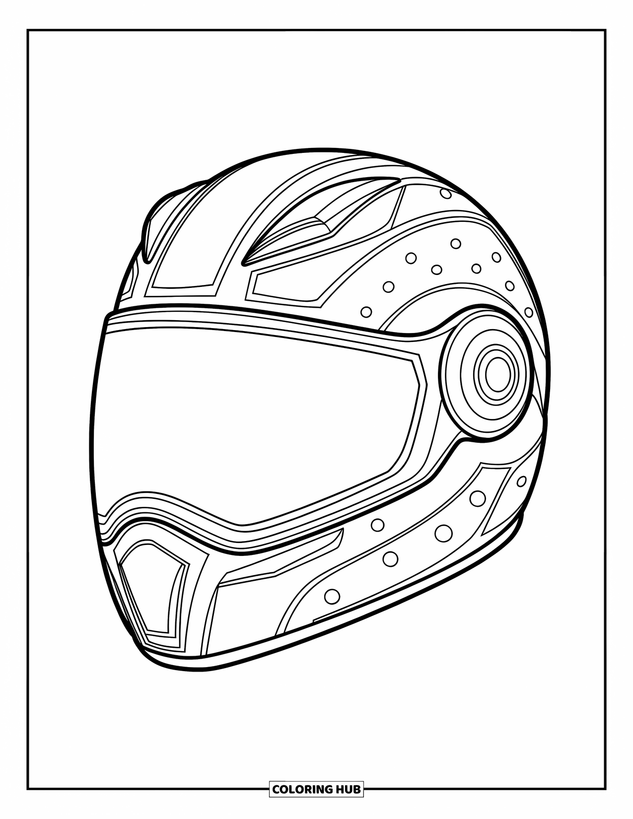 Geometric Coloring Page for Kids: A sleek helmet with swirling space symbols and a bold, edgy design