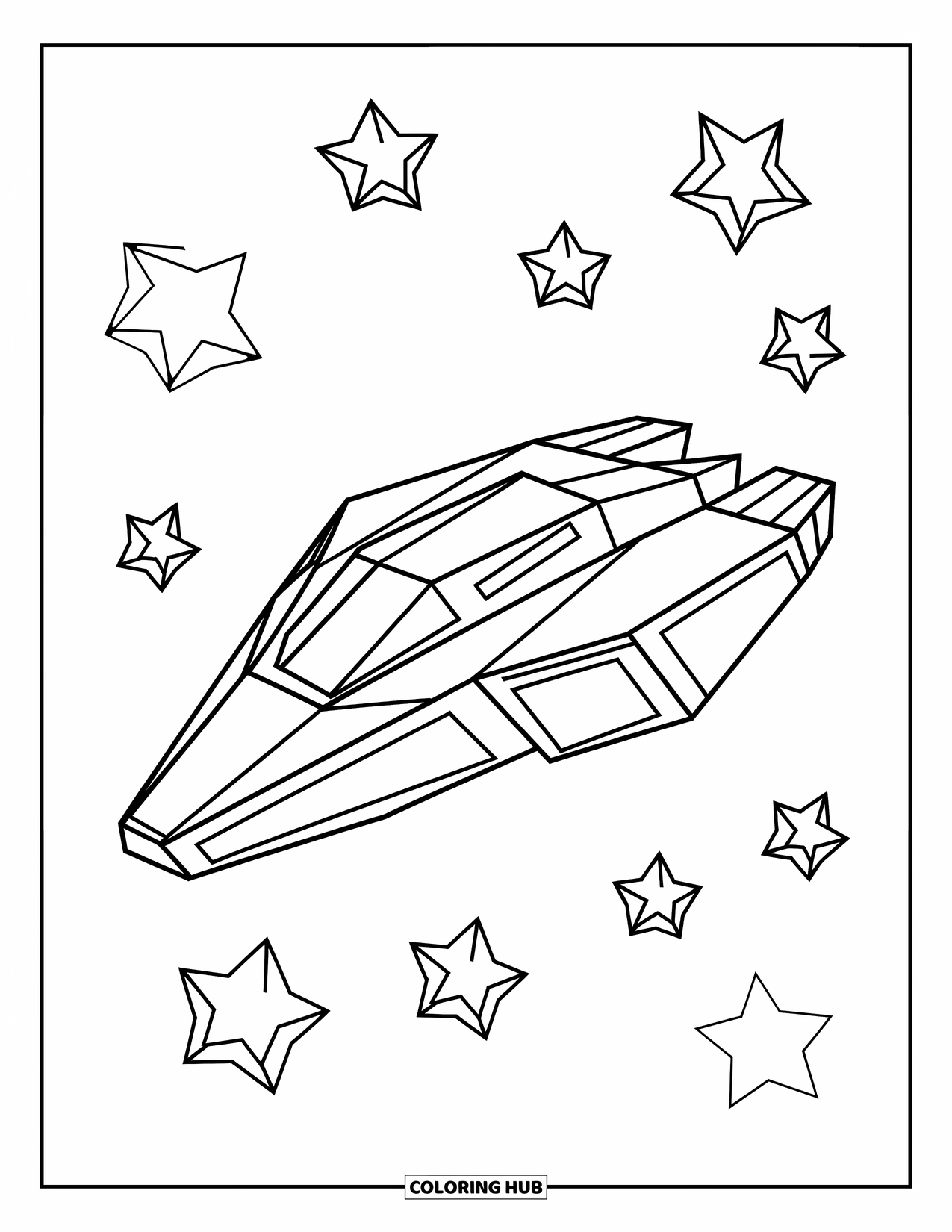 Geometric Coloring Page for Kids: A sleek spaceship flies past star shapes in a bright, open sky