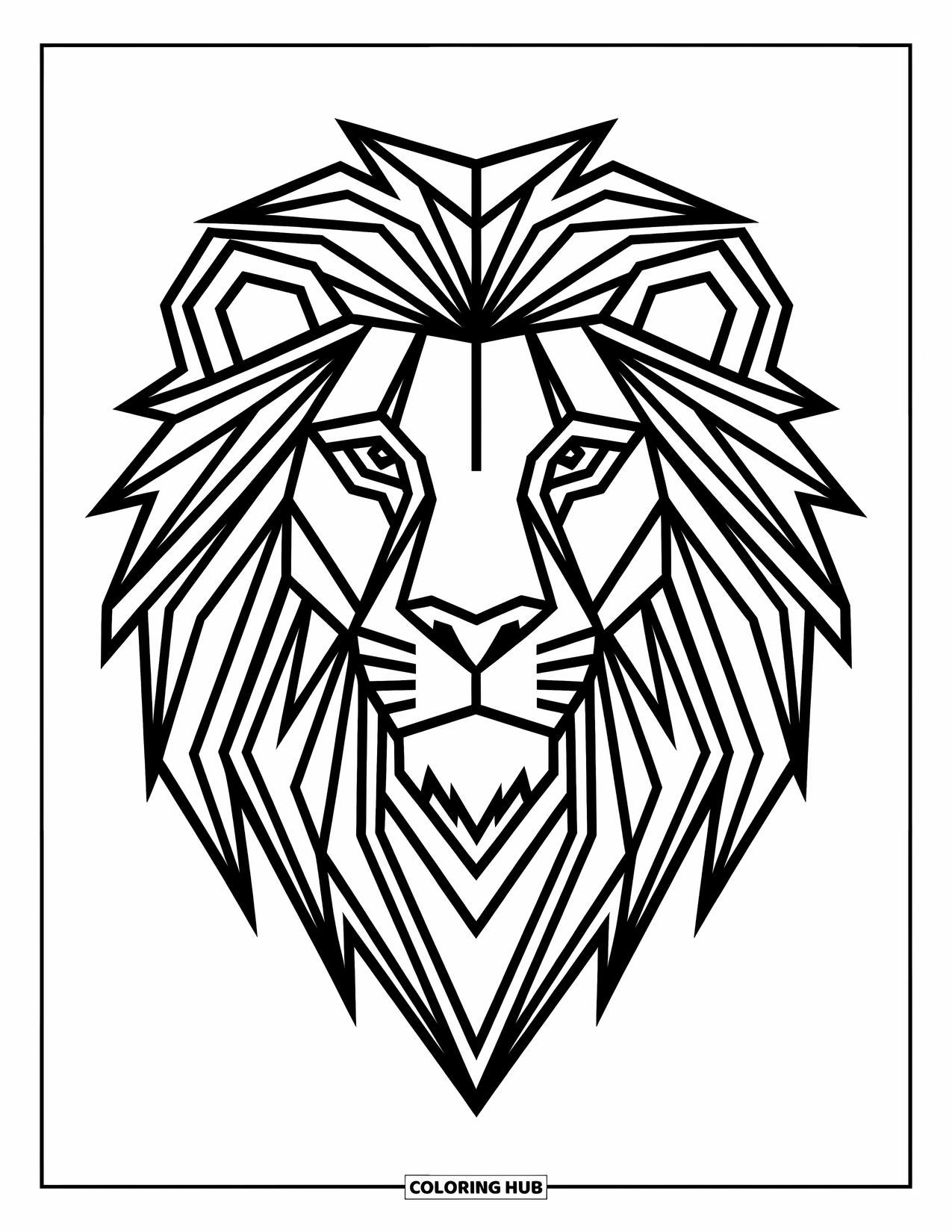 Geometric Coloring Page for Kids: Abstract lion head with a bold, geometric mane full of symmetry and style