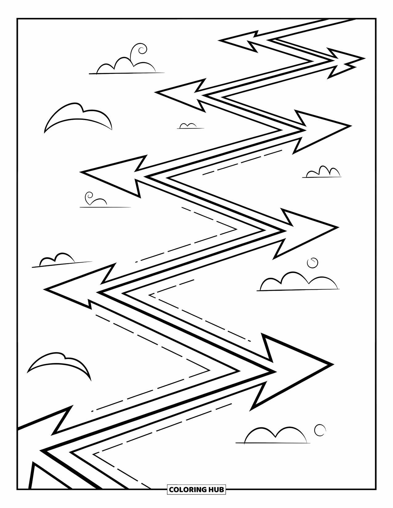 Geometric Coloring Page for Kids: Arrows and triangles twist through a fun zigzag path with swirls and curves