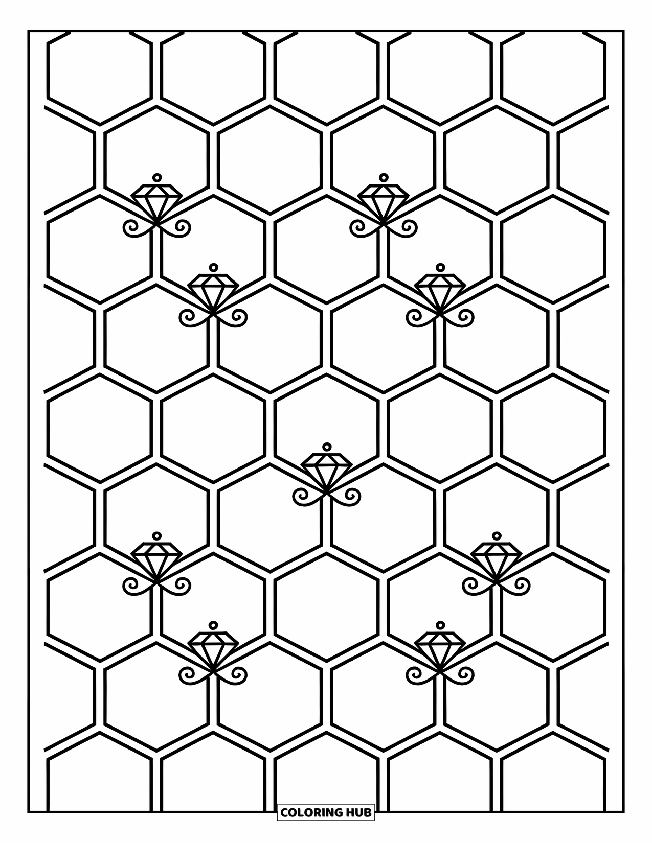 Geometric Coloring Page for Kids: Bees and flowers dance around a honeycomb full of fun little shapes