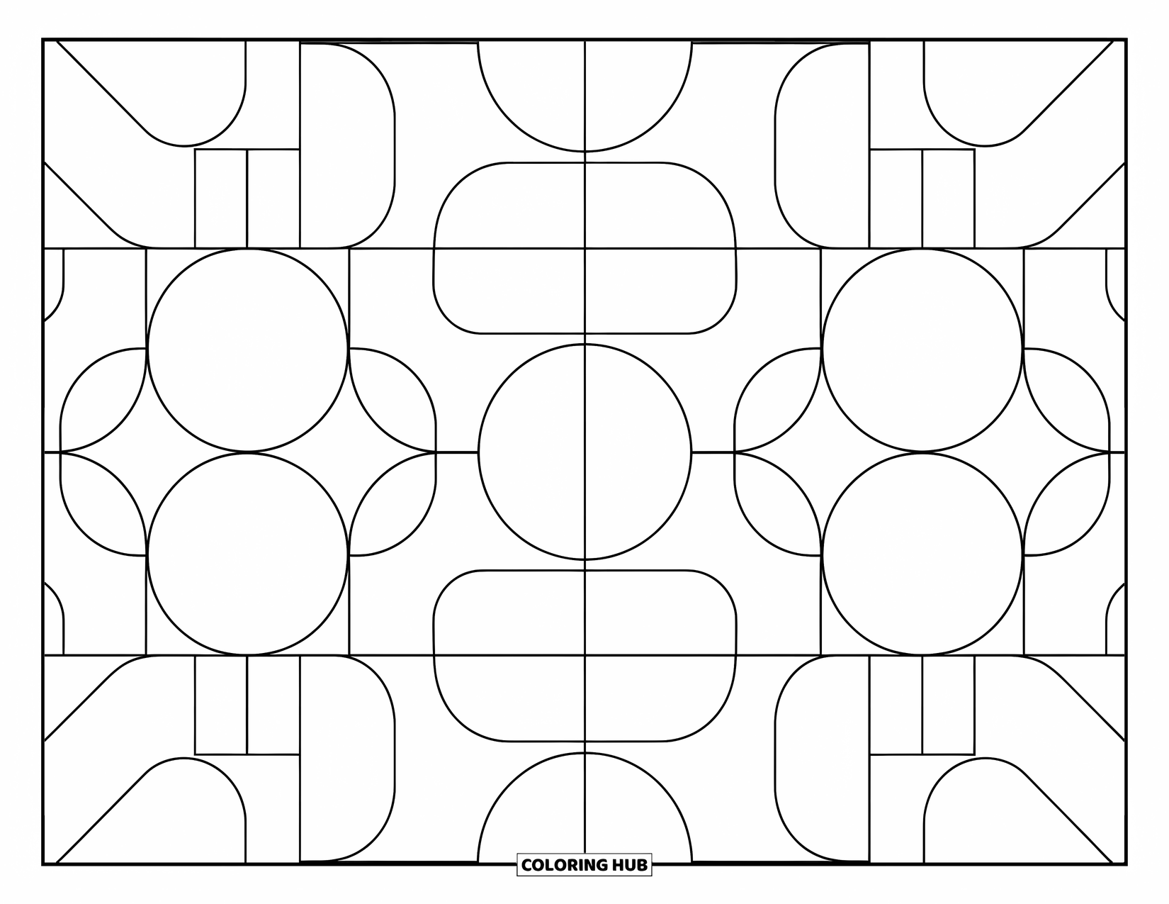 Geometric Coloring Page for Kids: Big circles and squares overlap in a fun, bubbly layout