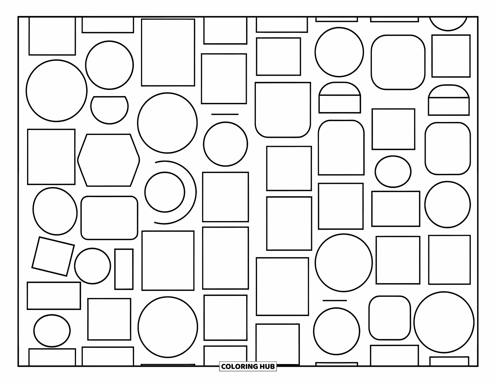 Geometric Coloring Page for Kids: Big circles and squares playfully overlap in a fun, cheerful layout