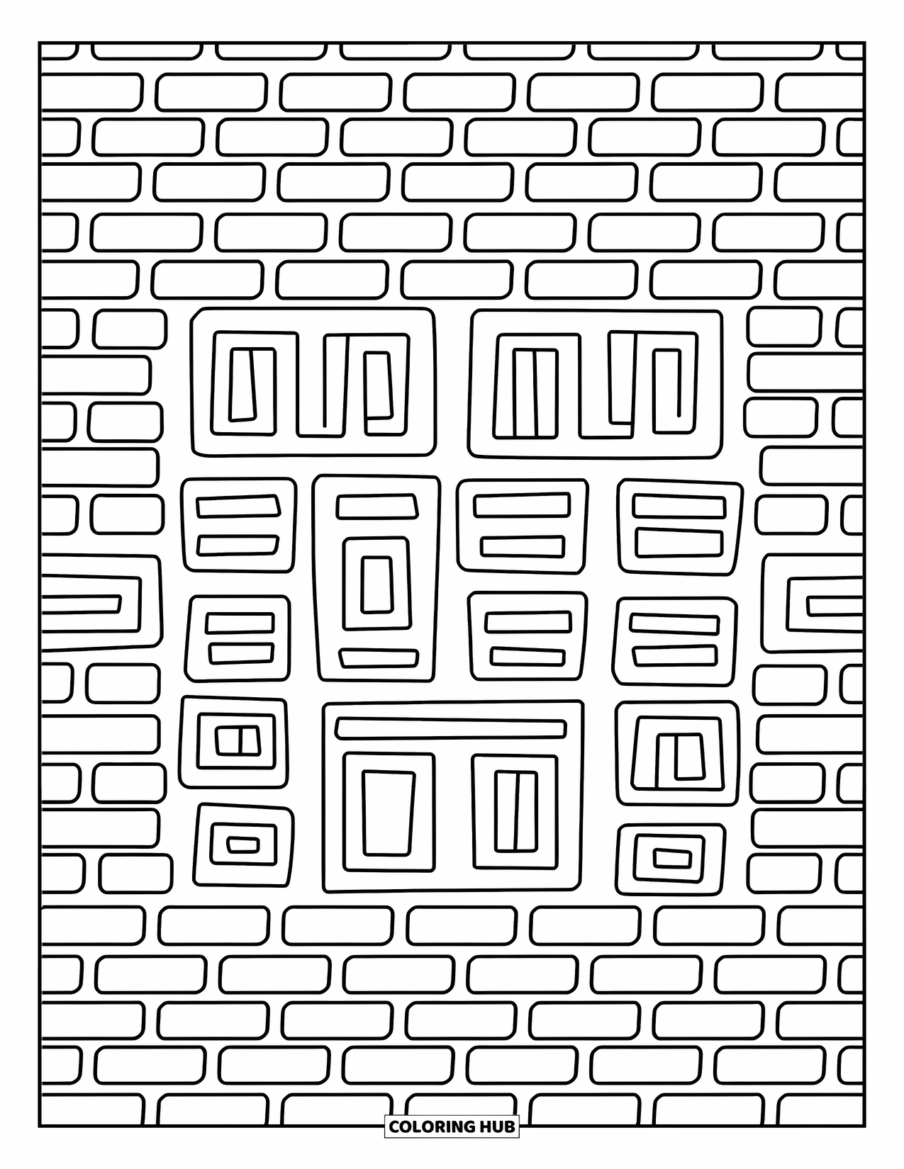 Geometric Coloring Page for Kids: Brick wall made of squares and rectangles forms a fun, repeating pattern