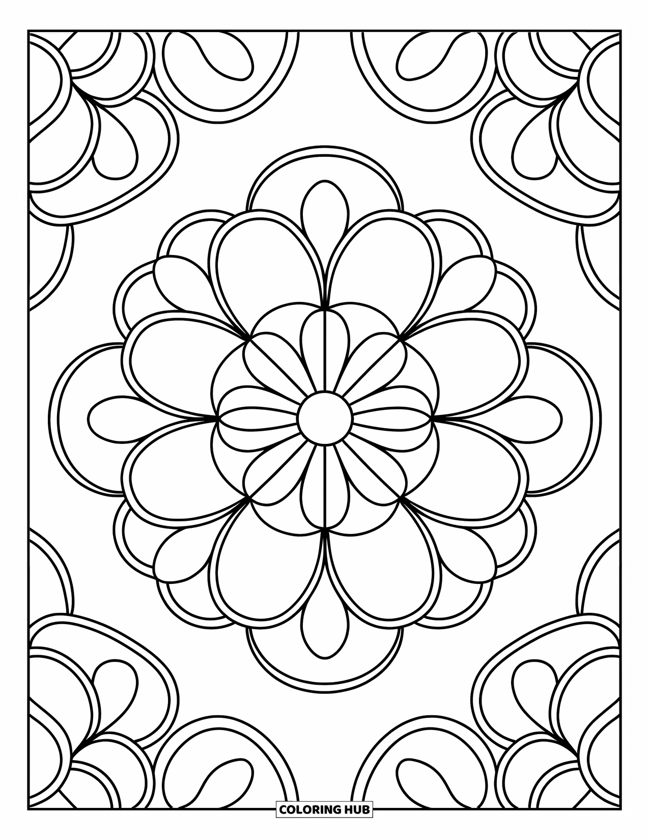 Geometric Coloring Page for Kids: Circles and ovals link together to make a soft, flower-like mandala