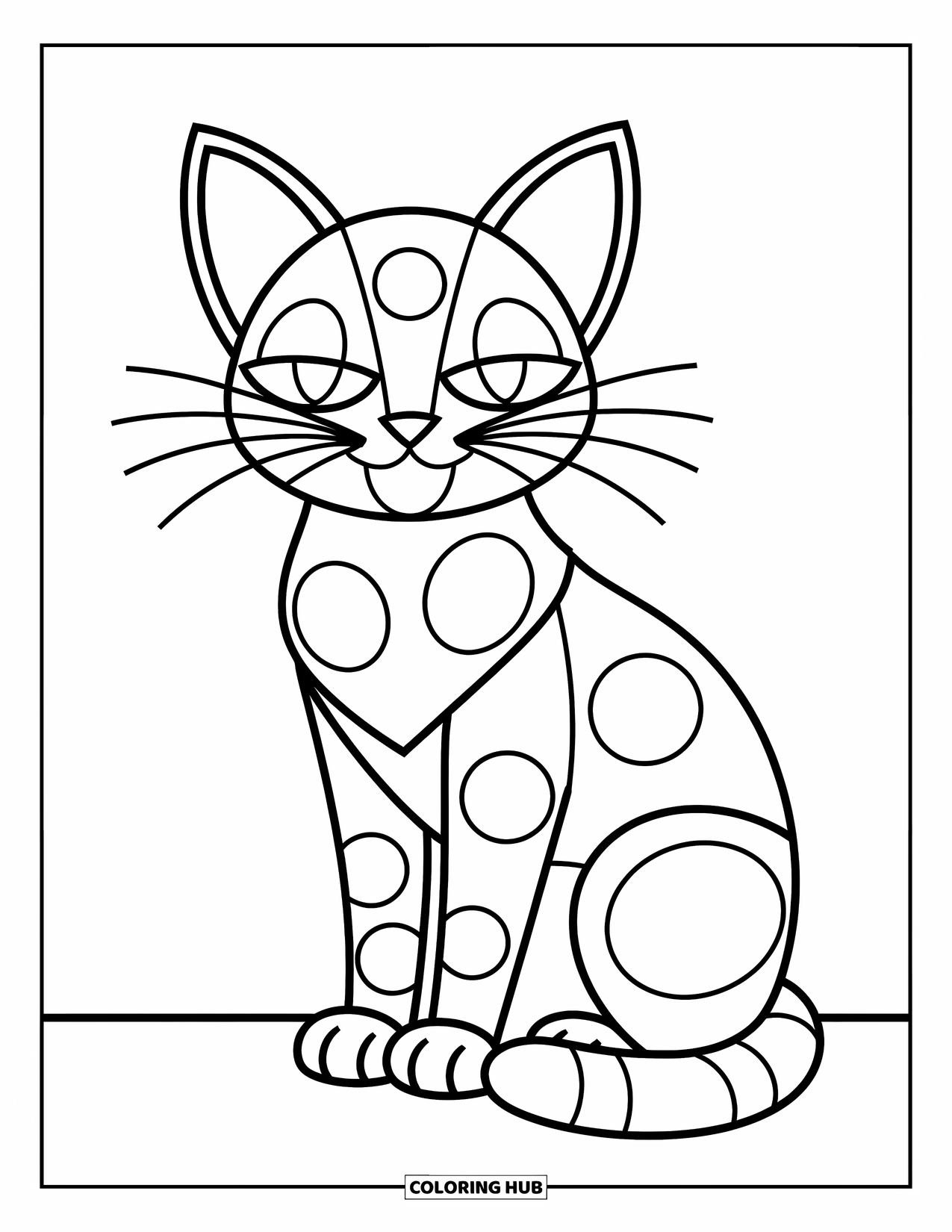 Geometric Coloring Page for Kids: Curious cat with big shapes and soft edges rests calmly