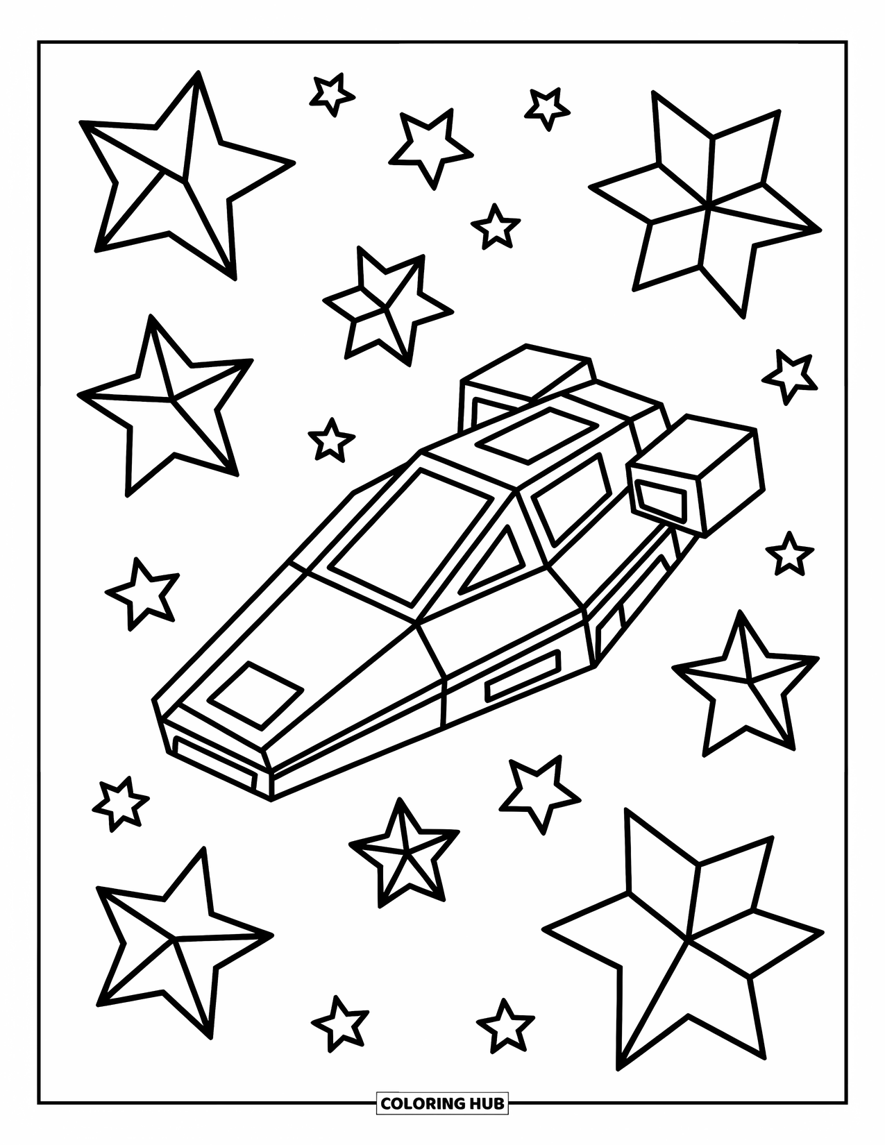 Geometric Coloring Page for Kids: Floating spaceship and stars create a playful outer space adventure