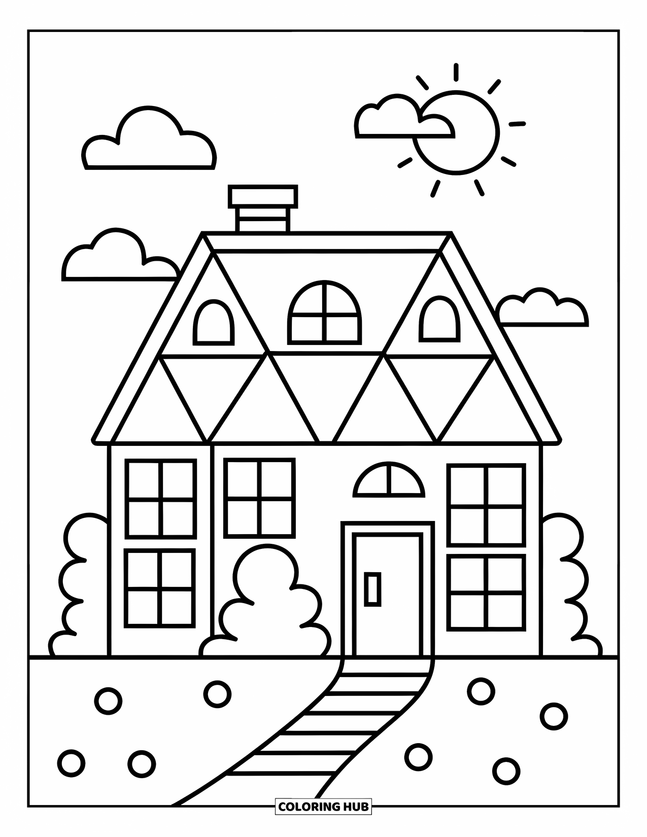 Geometric Coloring Page for Kids: Friendly house with puffy clouds and a happy sun in the sky