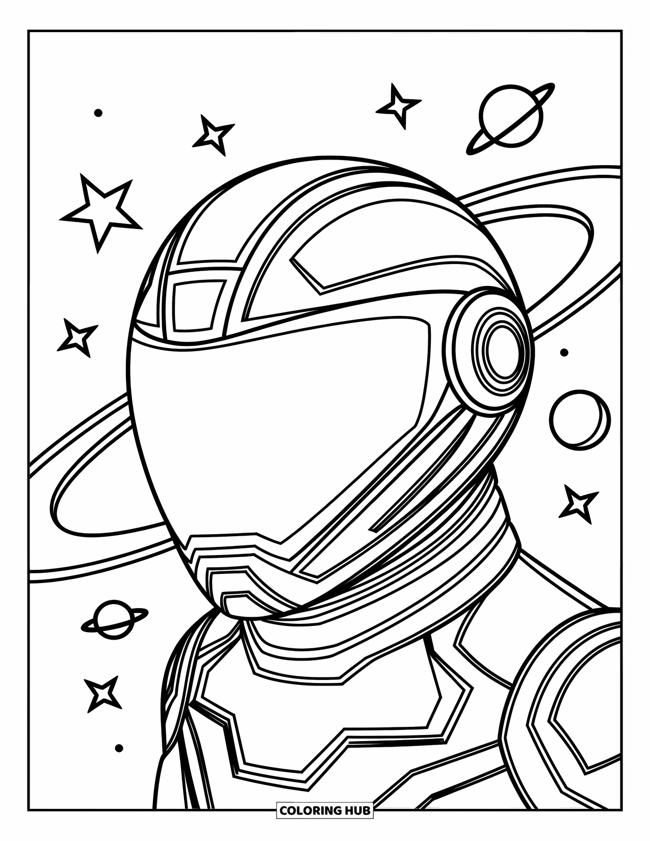 Geometric Coloring Page for Kids: Futuristic helmet surrounded by stars and planets with sharp, modern shapes