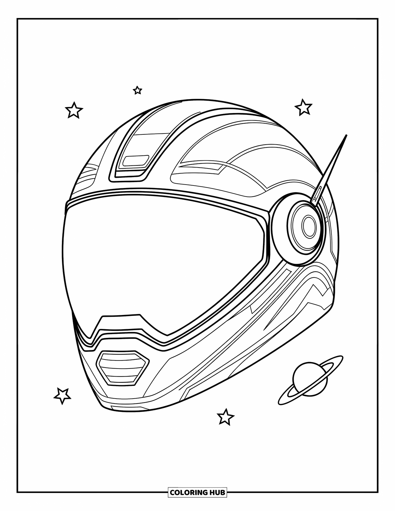 Geometric Coloring Page for Kids: Futuristic helmet with stars, planets, and sharp lines in a bold design