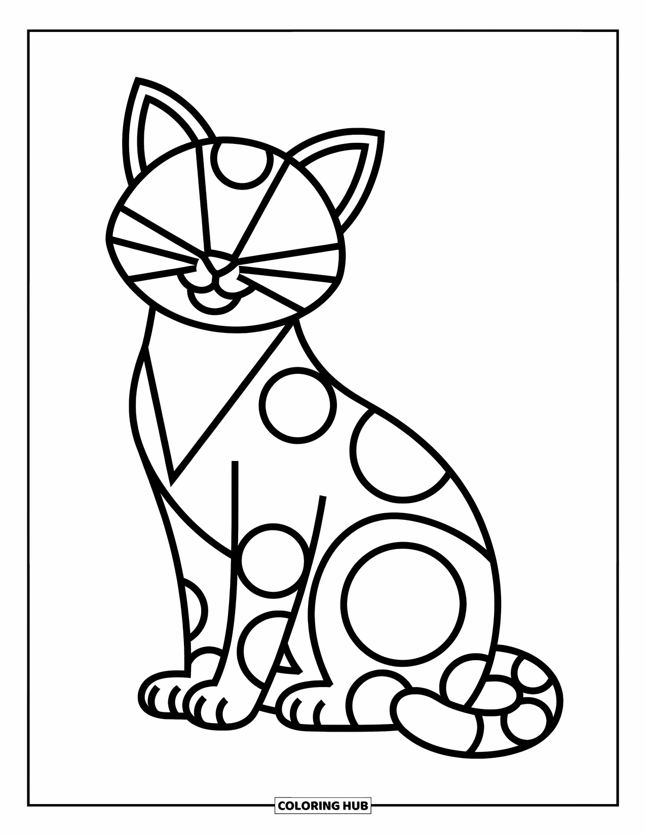 Geometric Coloring Page for Kids: Geometric cat with circle eyes and triangle paws sits in a peaceful pose