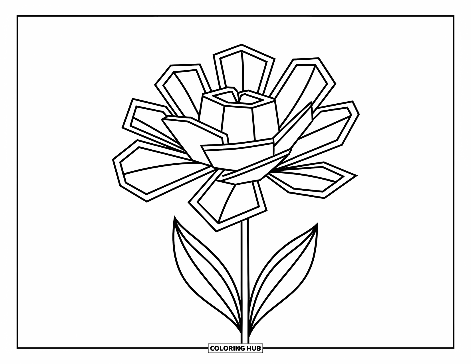 Geometric Coloring Page for Kids: Geometric flower bursts with sharp layers and tiny gaps between shapes