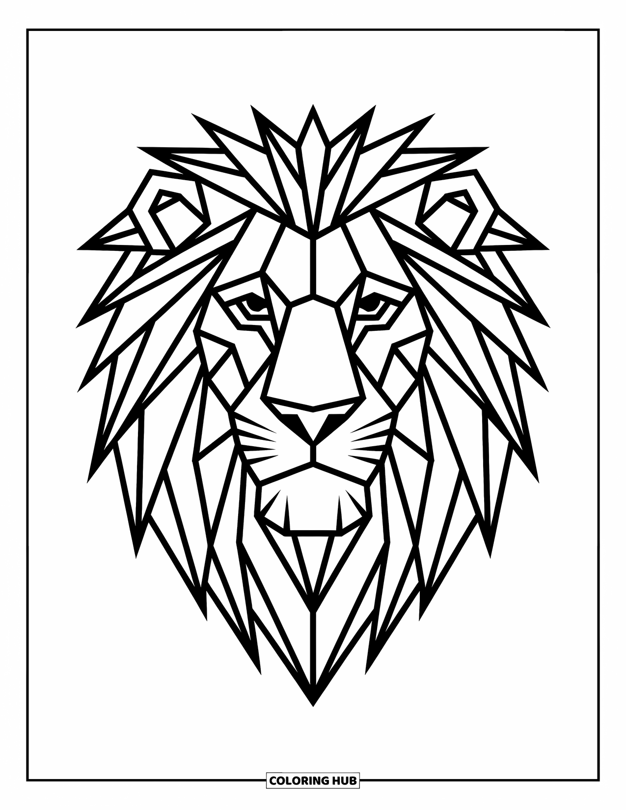 Geometric Coloring Page for Kids: Geometric lion head filled with sharp lines and a strong, modern look