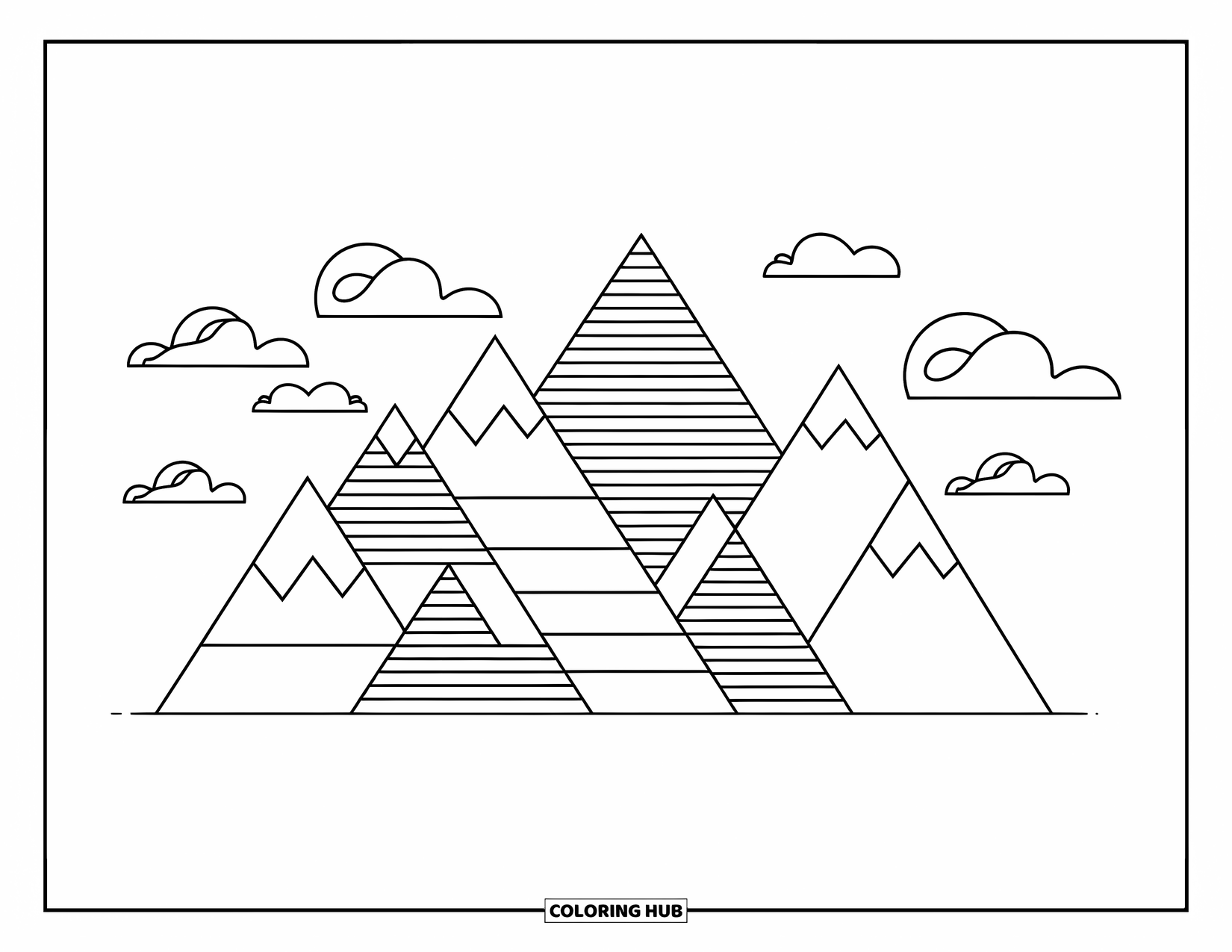 Geometric Coloring Page for Kids: Geometric peaks and fluffy clouds create a fun and modern mountain view