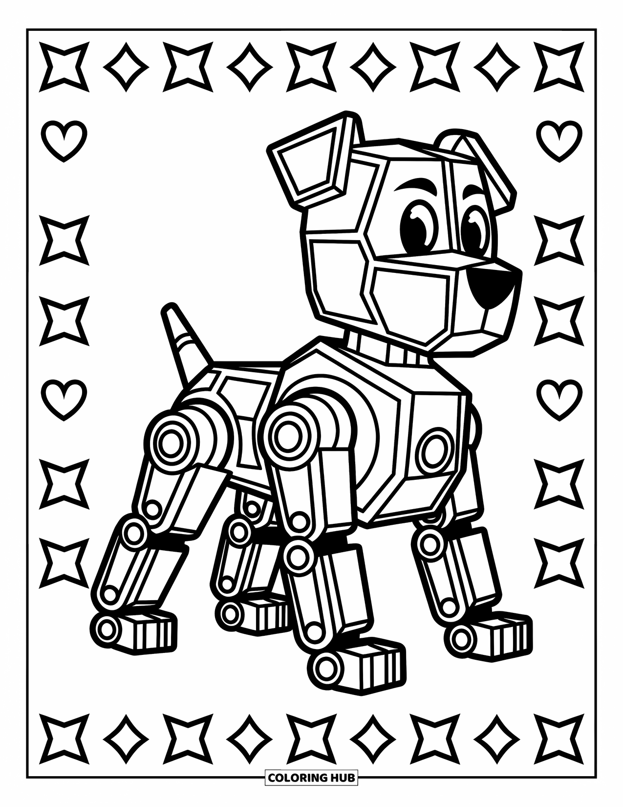 Geometric Coloring Page for Kids: Geometric robot dog with stars and hearts in the background adds a touch of fun