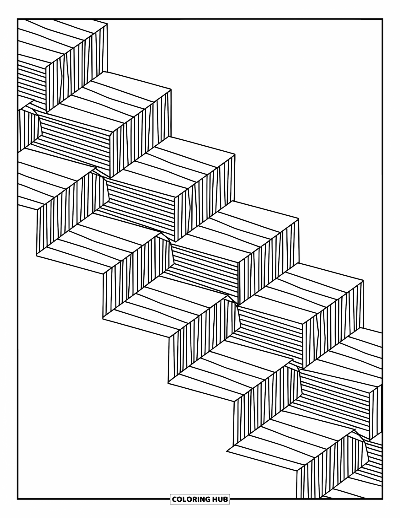 Geometric Coloring Page for Kids: Geometric waveform made of layered rectangles creates a bold and dynamic scene
