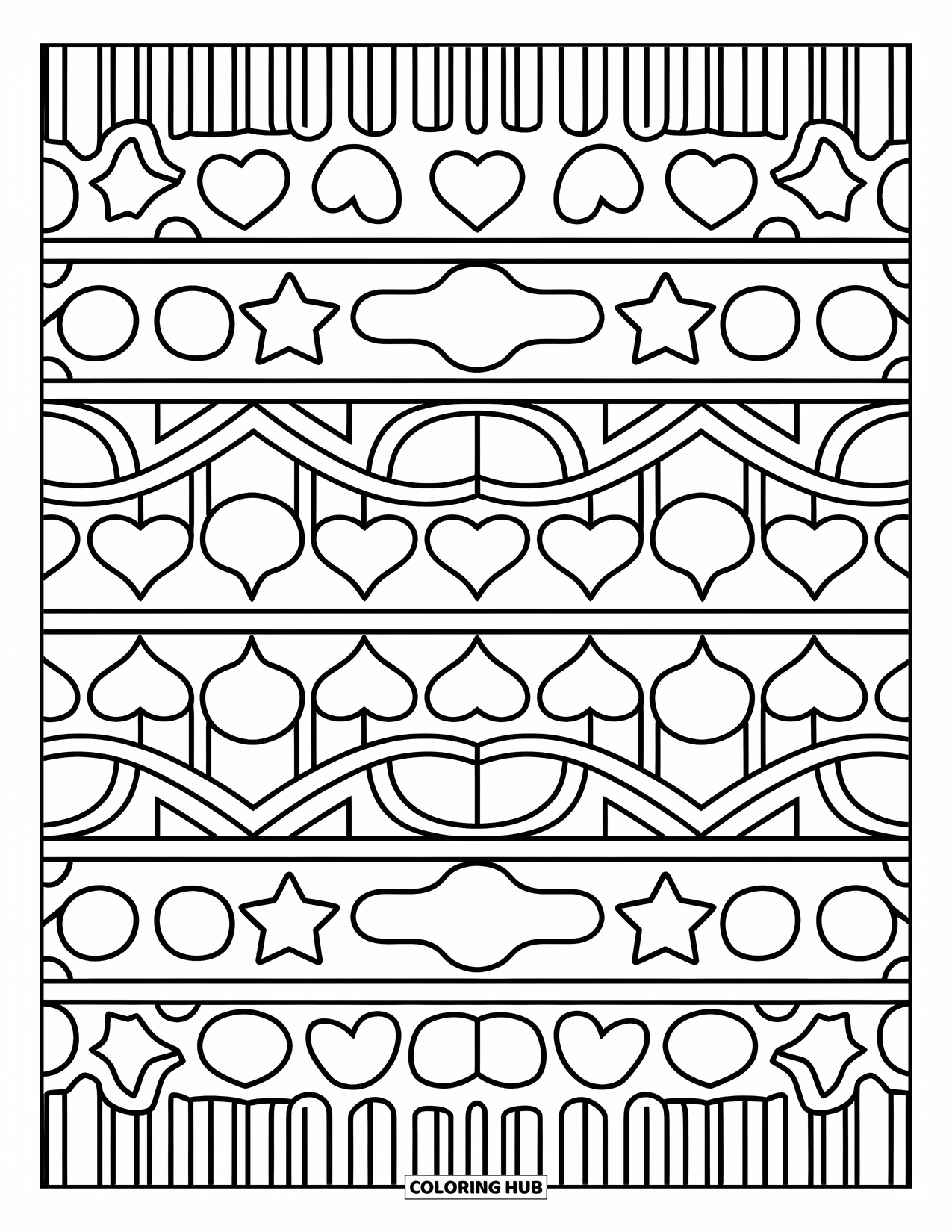 Geometric Coloring Page for Kids: Hearts, stars, and circles line up in a rhythm that feels fun and magical