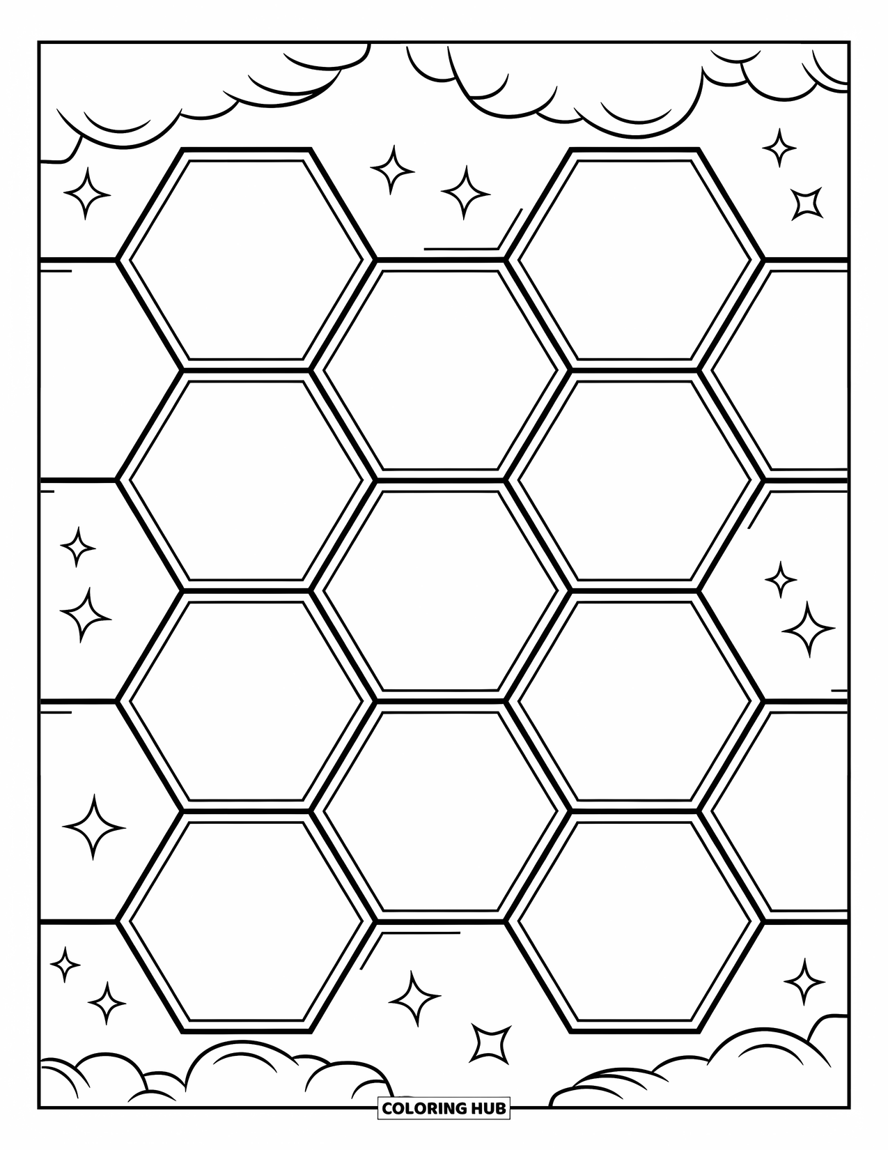 Geometric Coloring Page for Kids: Hexagon pattern with soft spacing and playful clouds adds a magical touch
