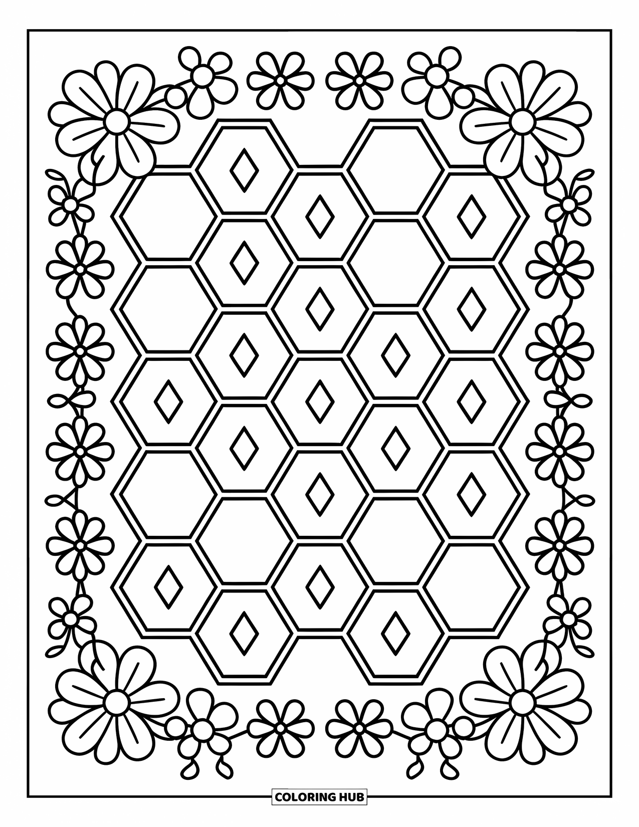 Geometric Coloring Page for Kids: Hexagons and diamonds form a fun honeycomb scene with buzzing bees and blooms