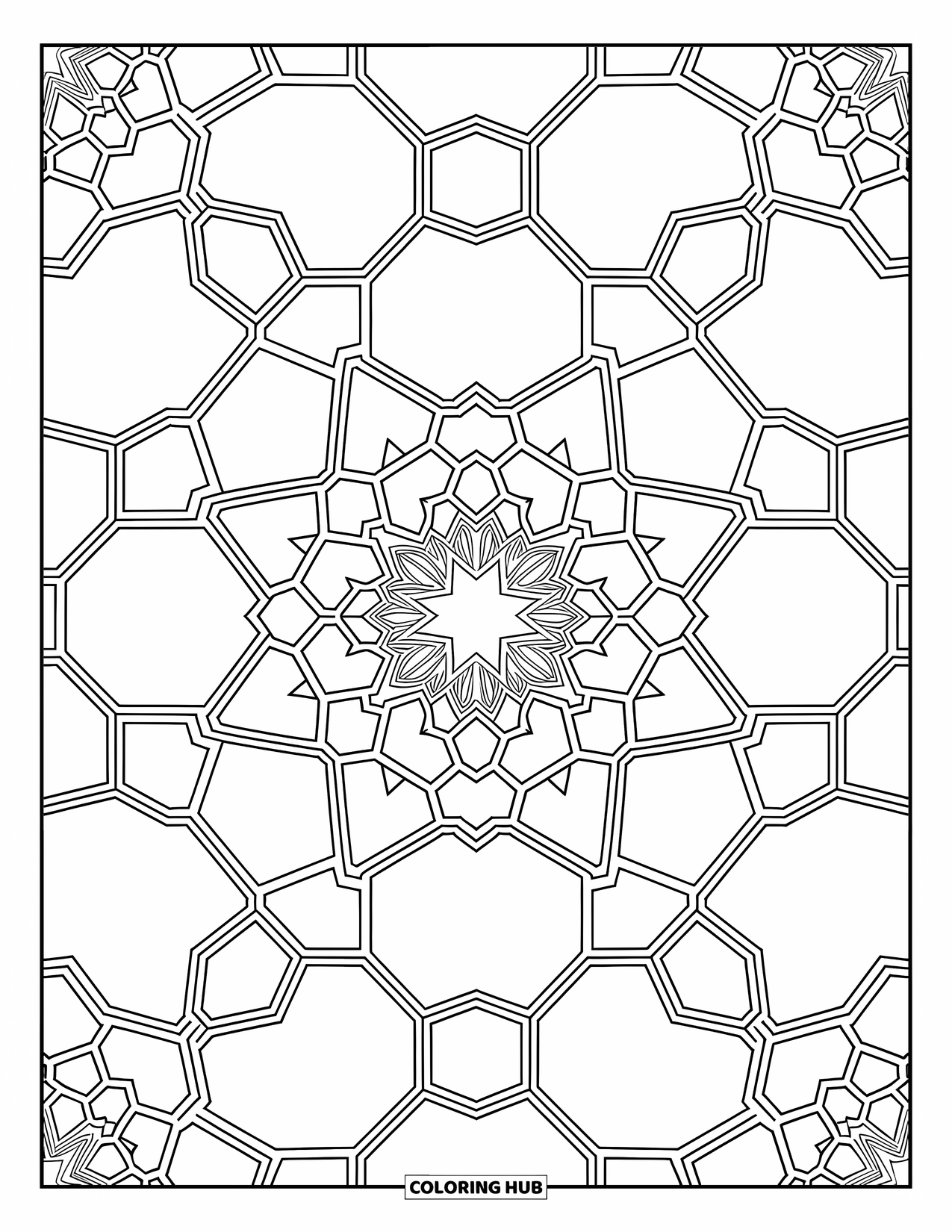 Geometric Coloring Page for Kids: Hexagons and stars repeat in a mesmerizing, flowing fractal pattern
