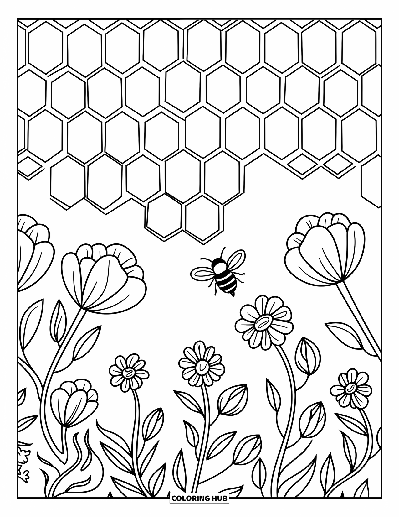 Geometric Coloring Page for Kids: Honeycomb shapes filled with bees and flowers create a sweet and playful pattern