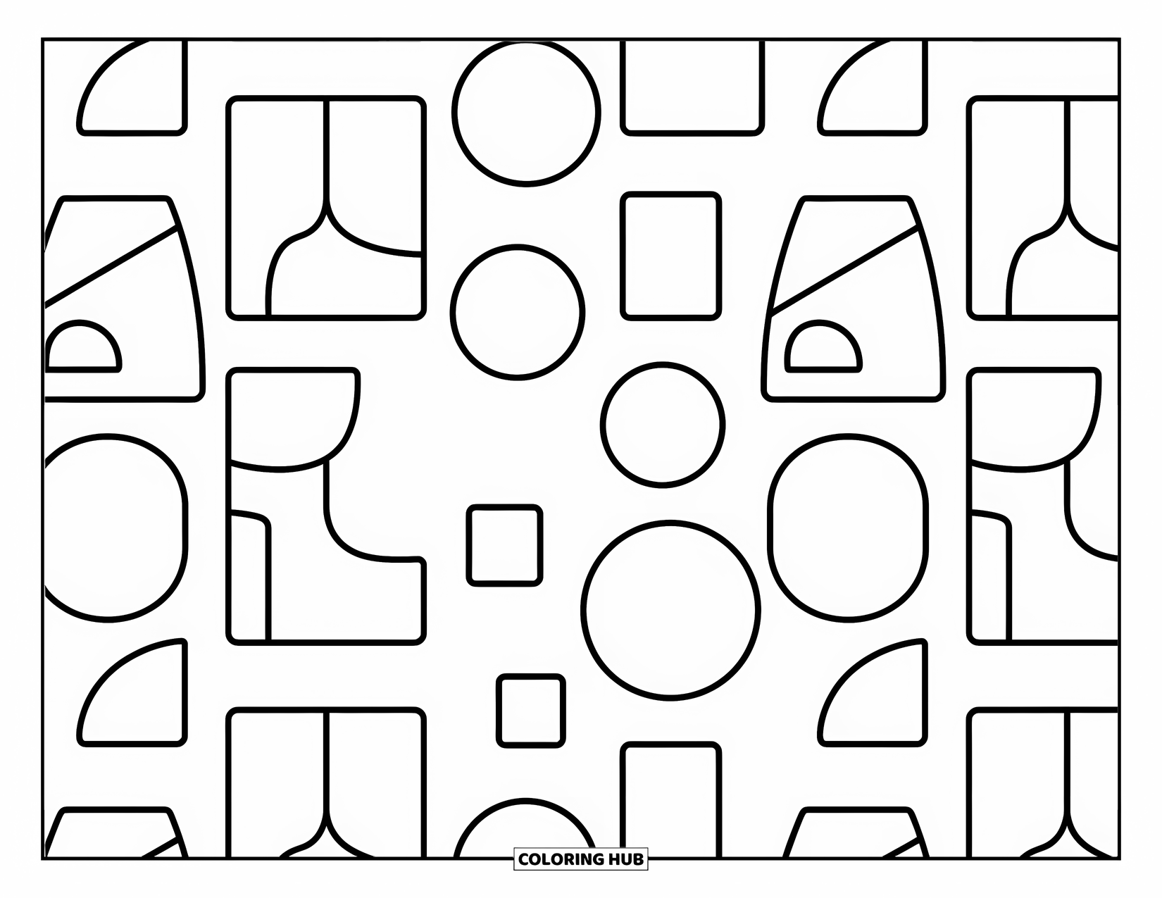 Geometric Coloring Page for Kids: Large circles and squares stack and float in a happy, easy pattern