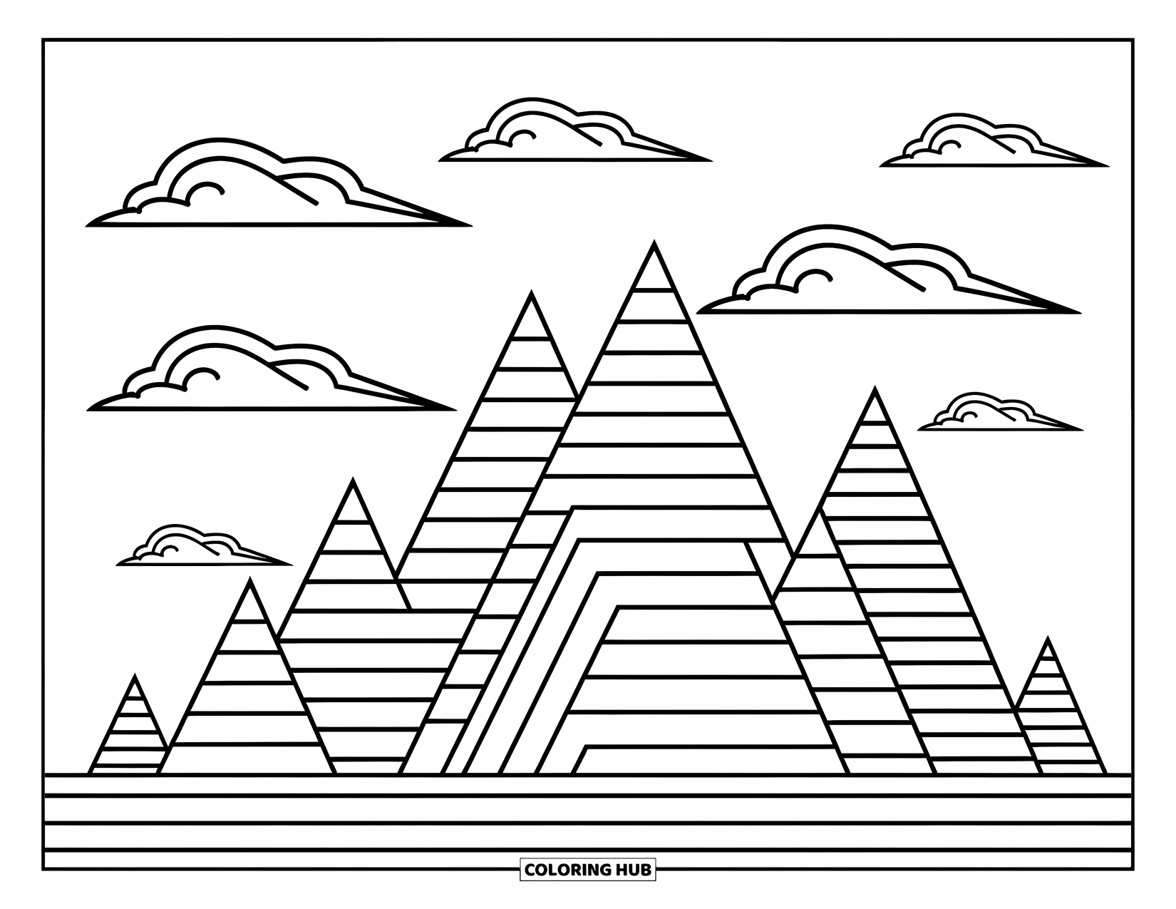 Geometric Coloring Page for Kids: Mountains made of triangles reach up beneath floating, stylized clouds