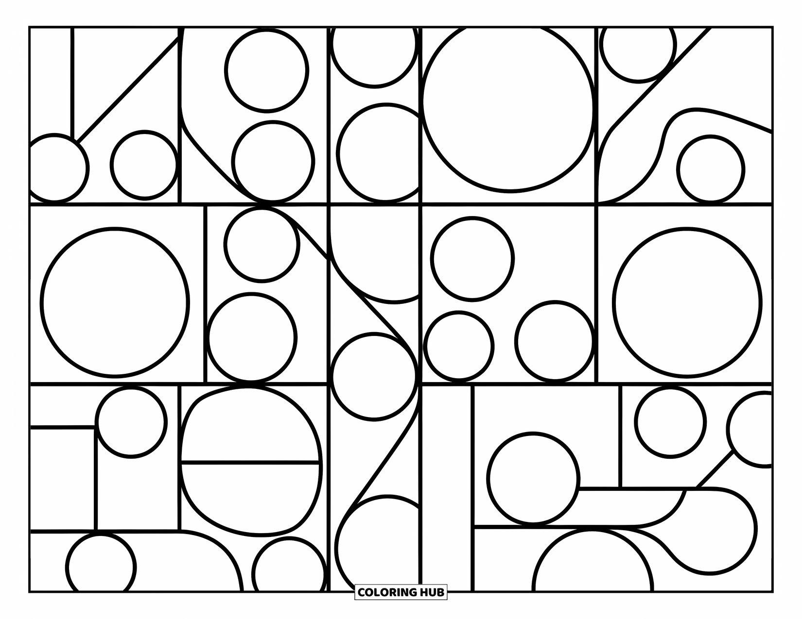 Geometric Coloring Page for Kids: Overlapping shapes form a playful grid