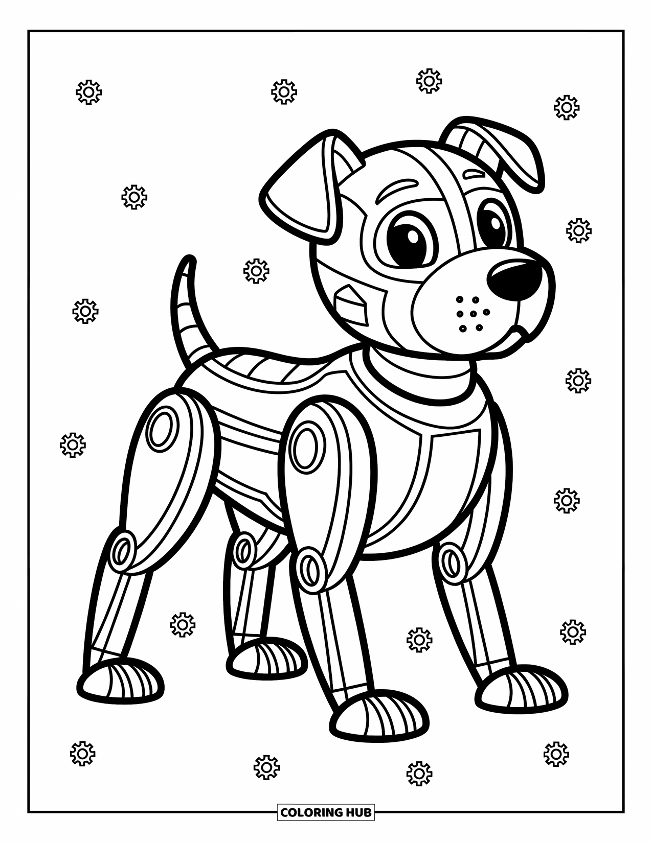 Geometric Coloring Page for Kids: Playful robot pup with bolts and curves poses in a bold, fun design