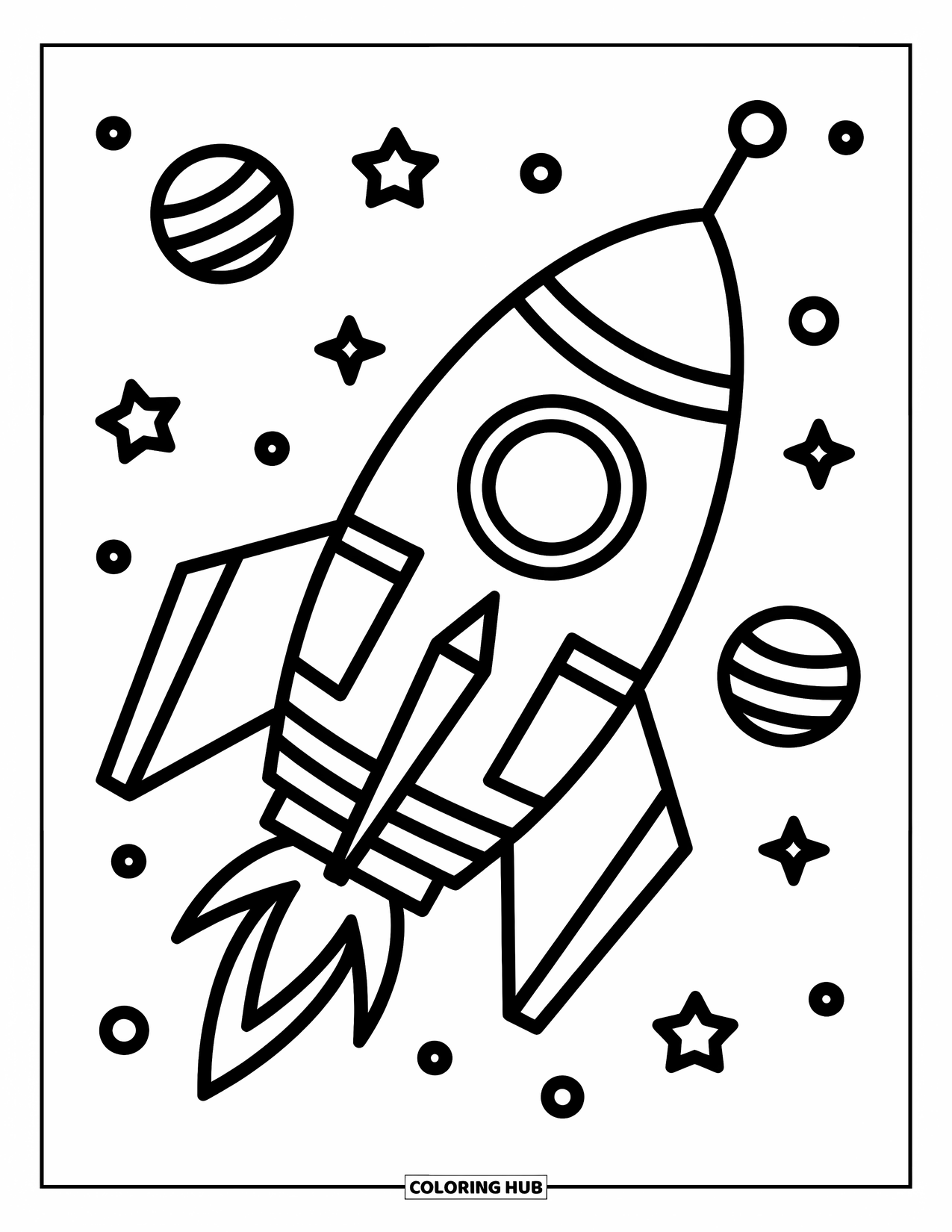 Geometric Coloring Page for Kids: Playful rocket ship with bold shapes waits under a sky full of wonder
