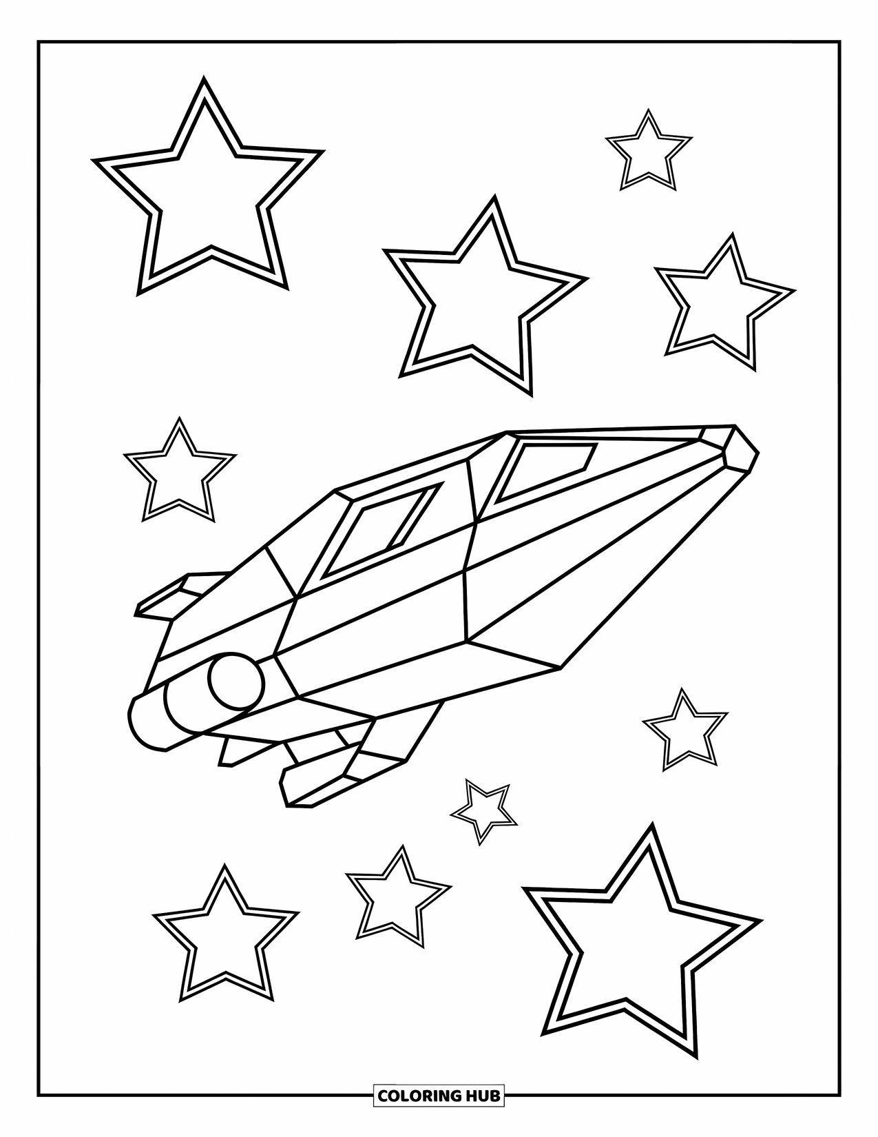 Geometric Coloring Page for Kids: Polygon spaceship glides through stars in a fun and futuristic scene