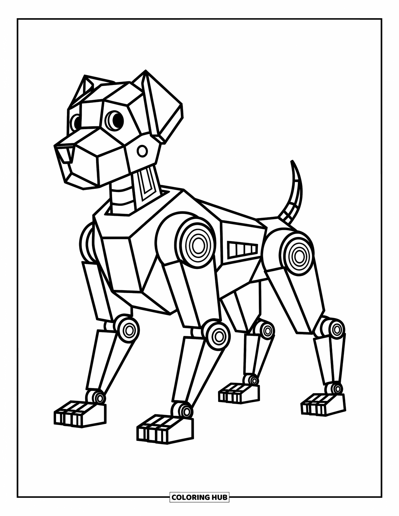 Geometric Coloring Page for Kids: Robot dog made of gears and shapes stands proud with a playful expression