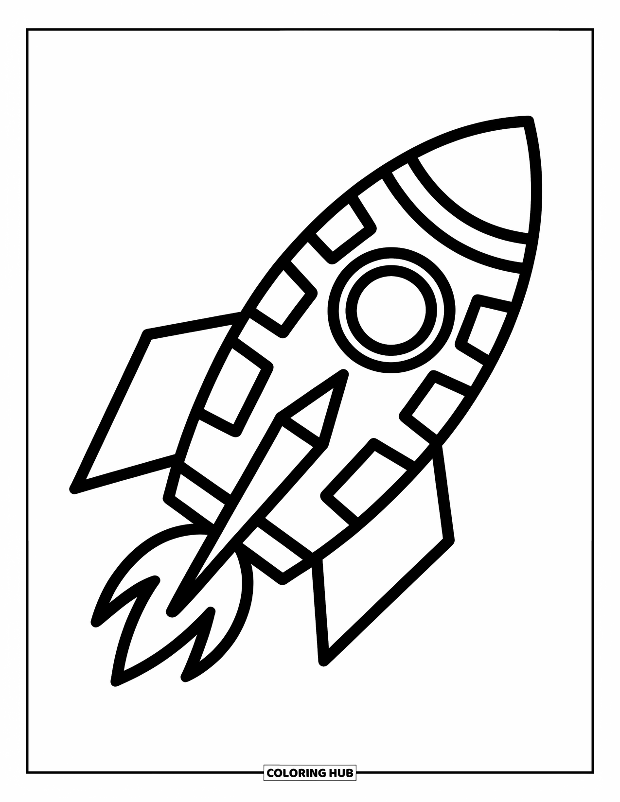 Geometric Coloring Page for Kids: Rocket with shapes and windows stands tall, ready for blastoff