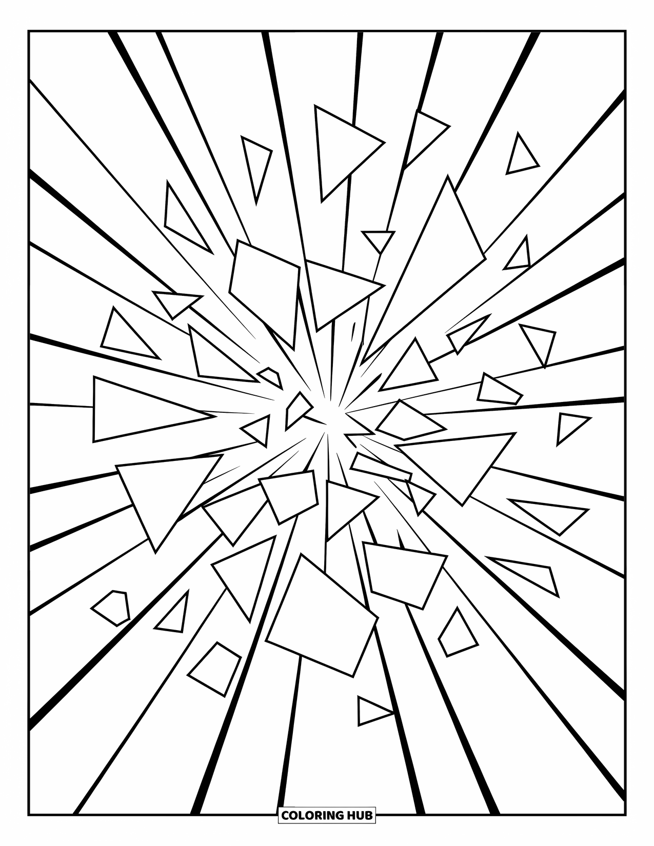 Geometric Coloring Page for Kids: Shattered triangle shards scatter in a sharp, eye-catching abstract burst