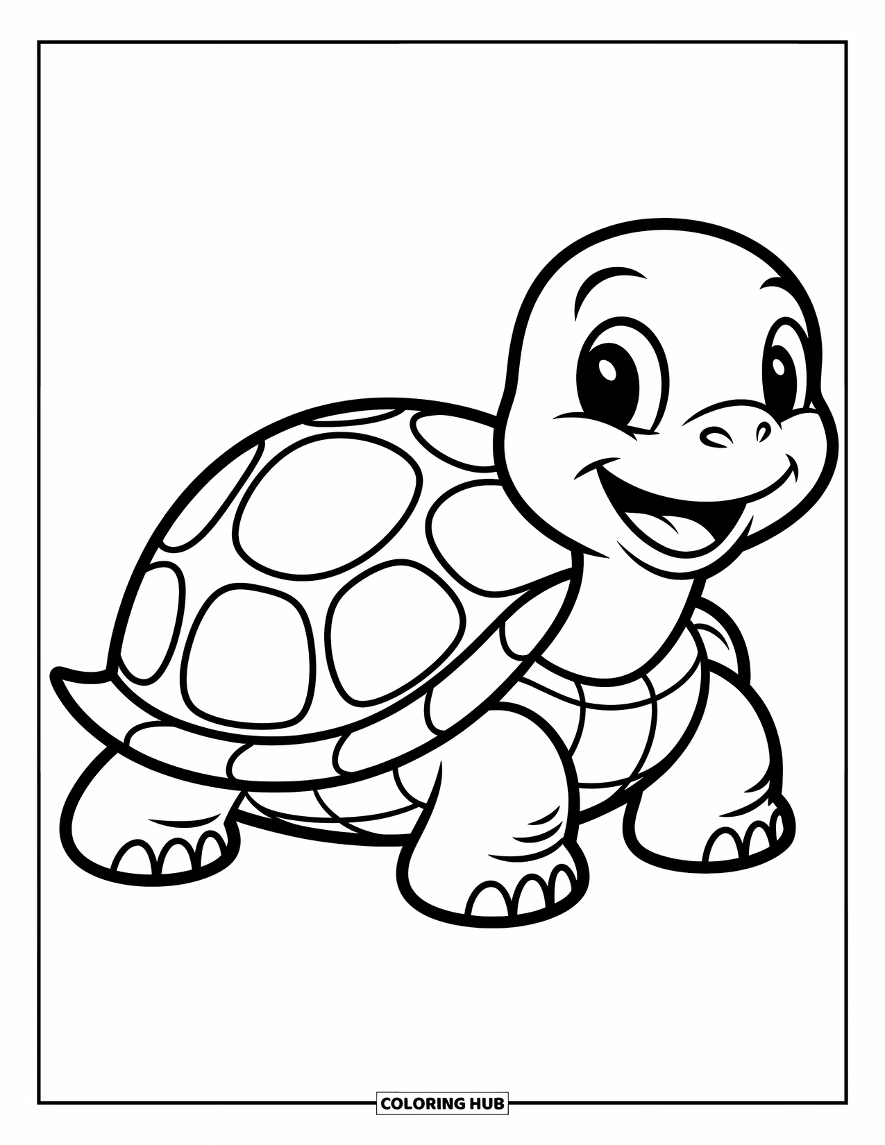 Geometric Coloring Page for Kids: Smiling turtle with bold shapes on its shell sits in a peaceful scene