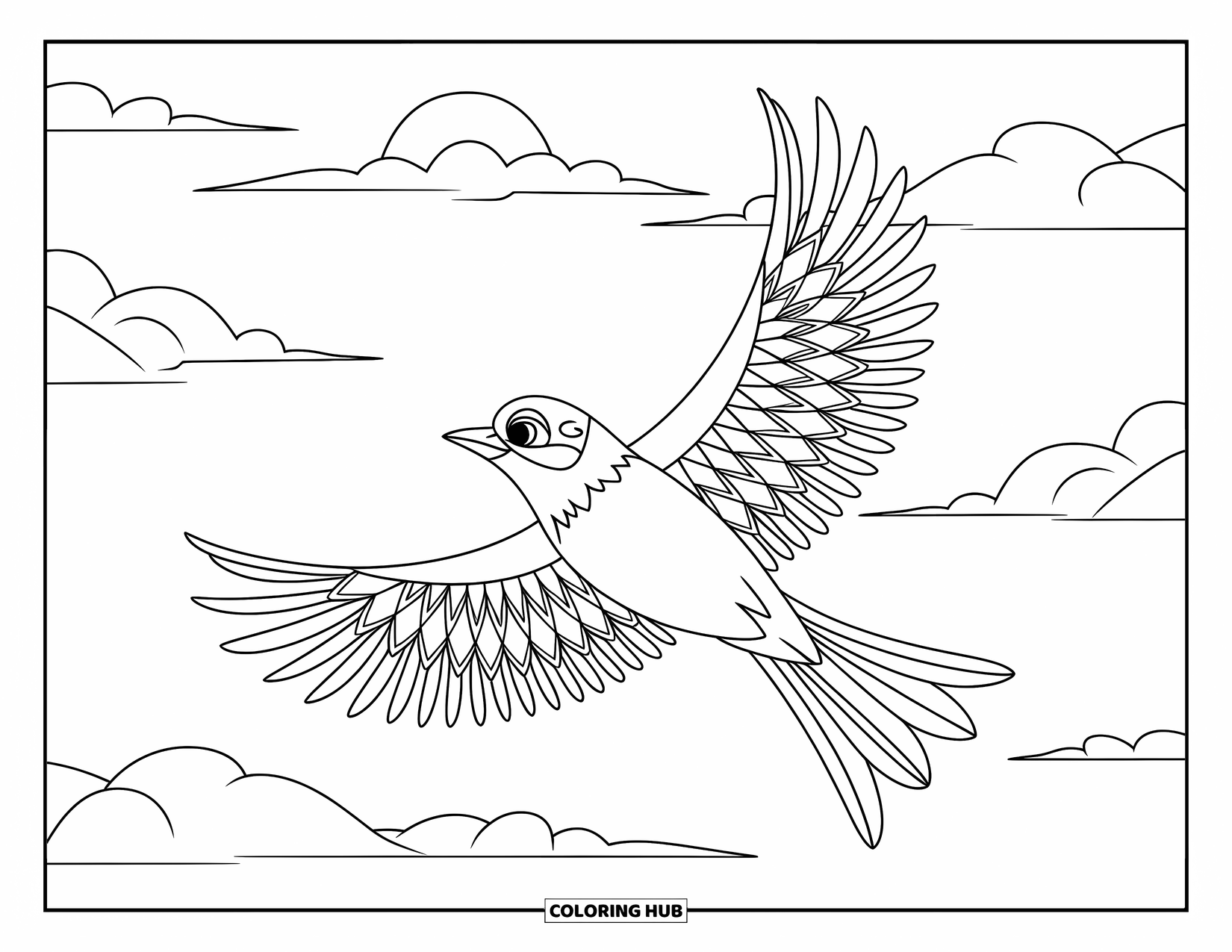 Geometric Coloring Page for Kids: Soaring bird with flowing wings flies above soft clouds and dreamy shapes