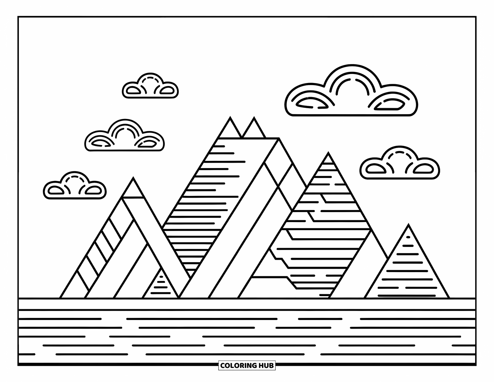 Geometric Coloring Page for Kids: Stacked triangle mountains sit beneath soft, whimsical clouds in a playful scene