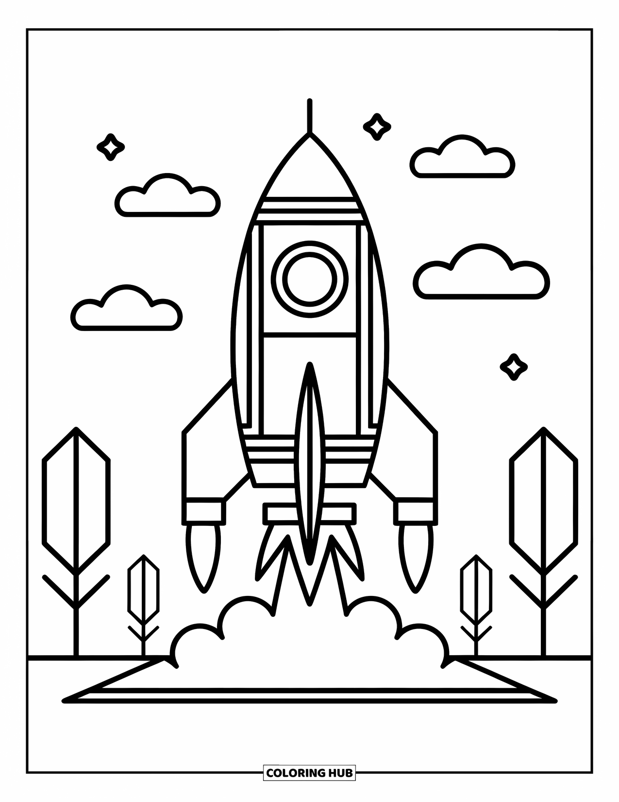 Geometric Coloring Page for Kids: Tall rocket with triangles and rectangles stands ready for an adventure