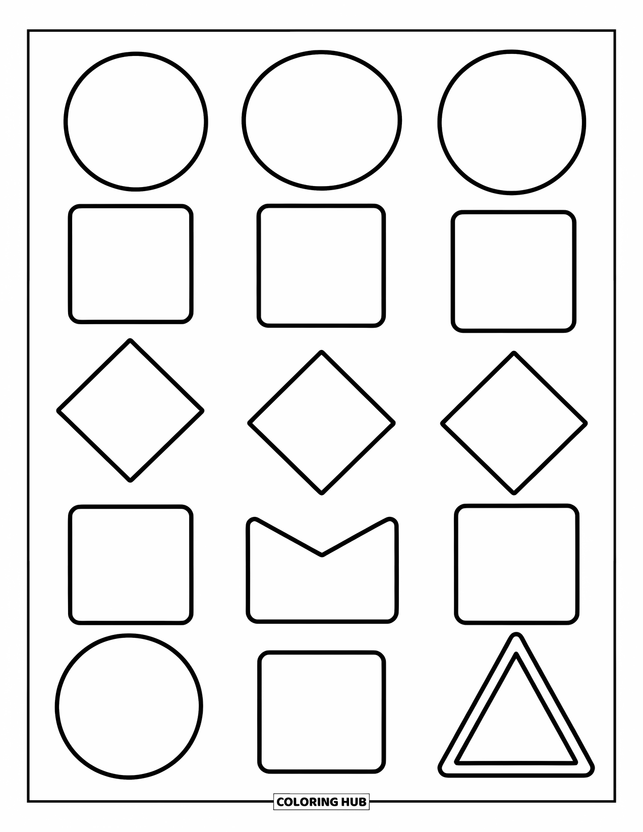 Geometric Coloring Page for Kids: Three rows of playful shapes make a fun and friendly pattern