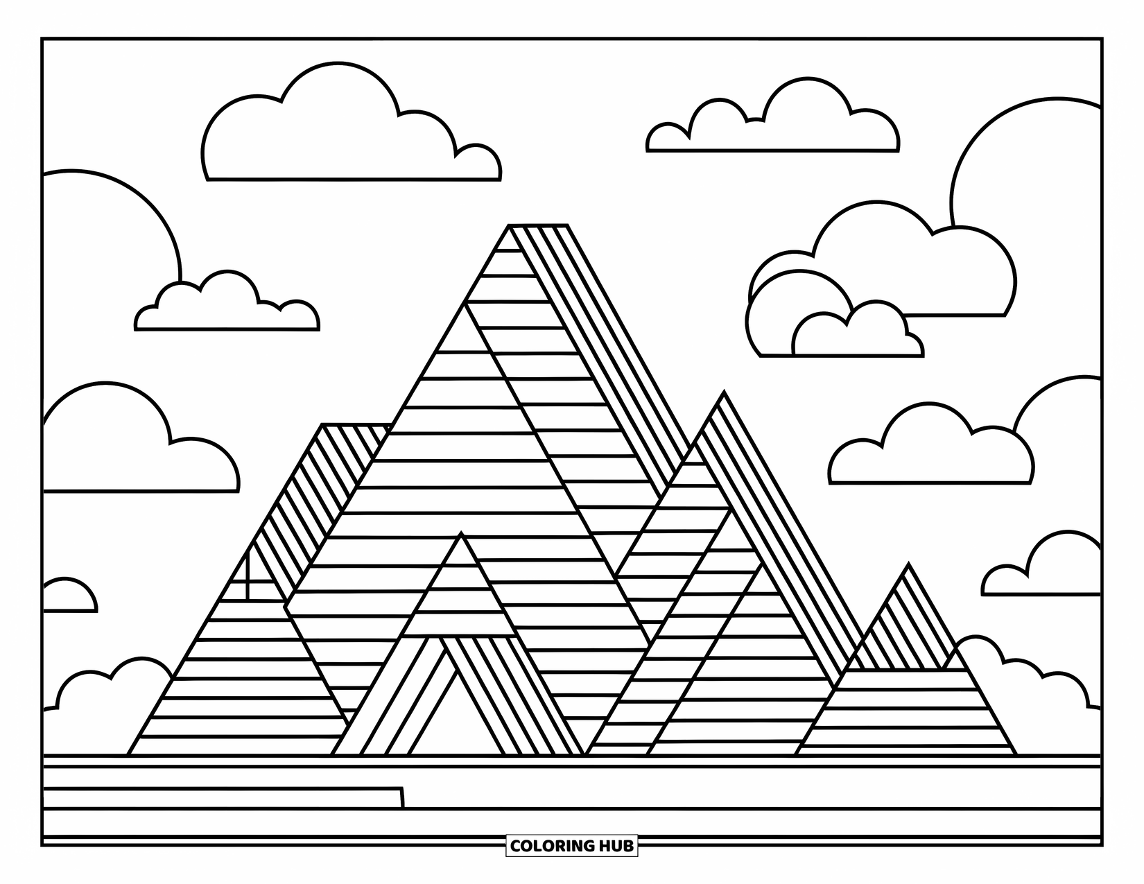 Geometric Coloring Page for Kids: Triangle peaks rise under drifting clouds, creating a calm and creative landscape
