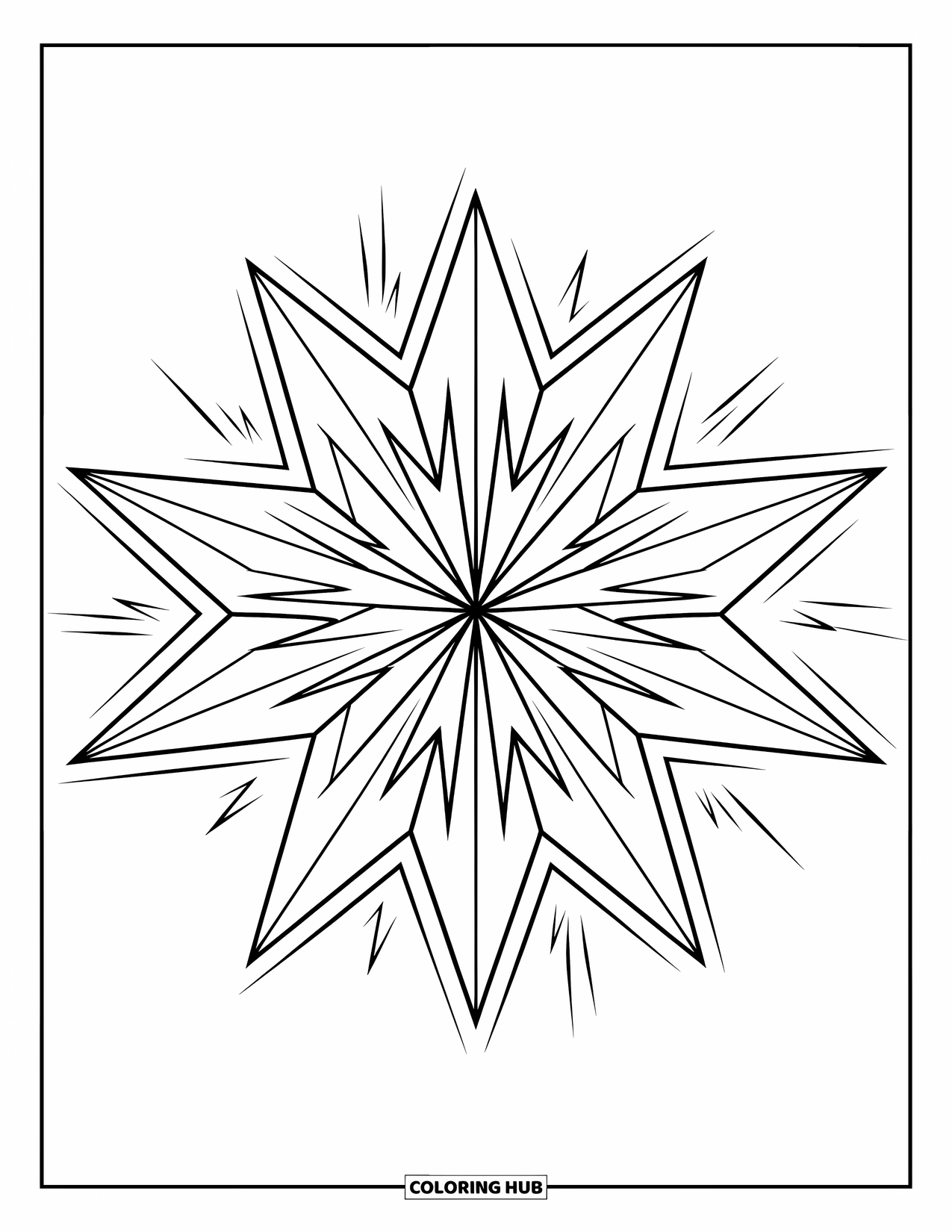 Geometric Coloring Page for Kids: Triangles radiate from the center in a powerful and energetic burst