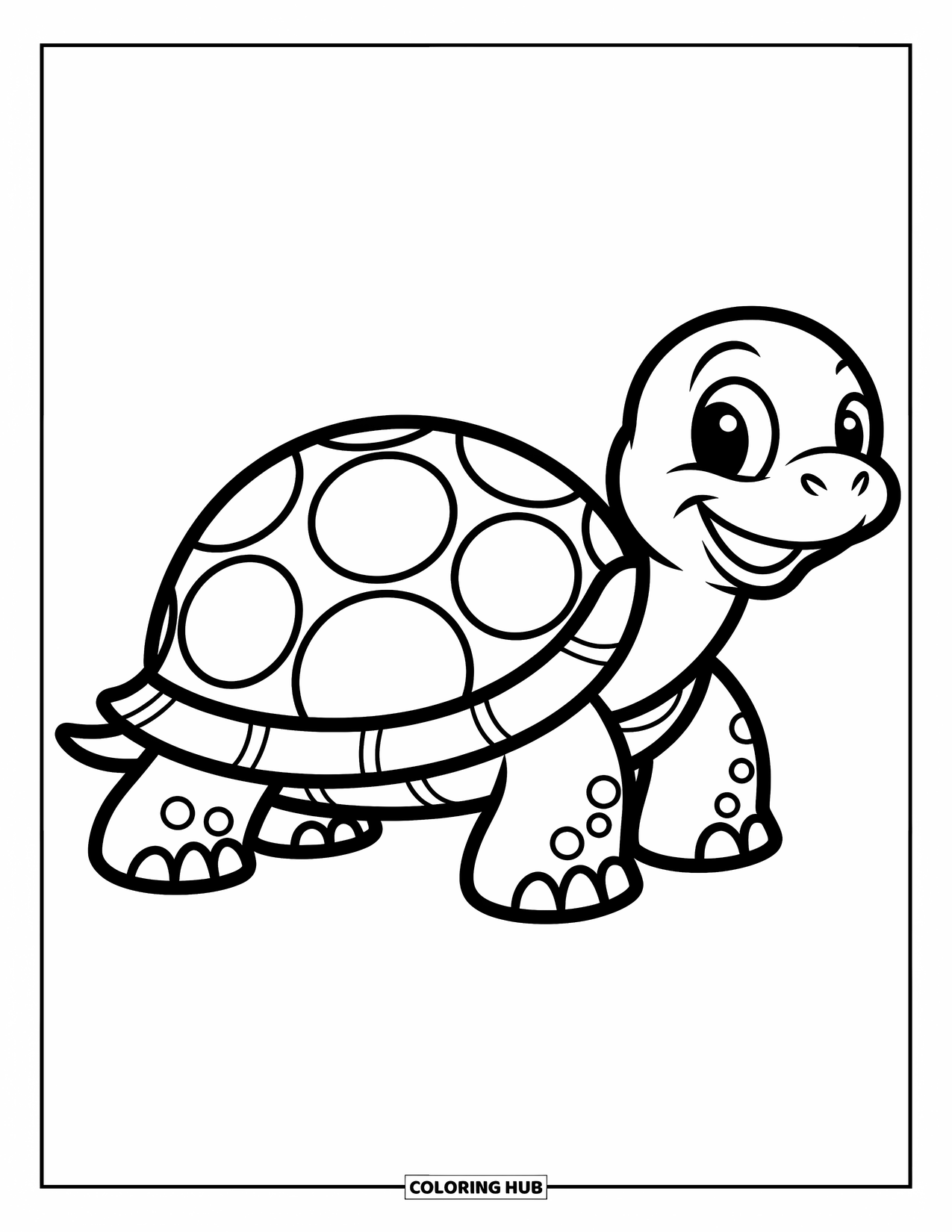 Geometric Coloring Page for Kids: Turtle with a shell of hexagons and circles stands with a curious smile