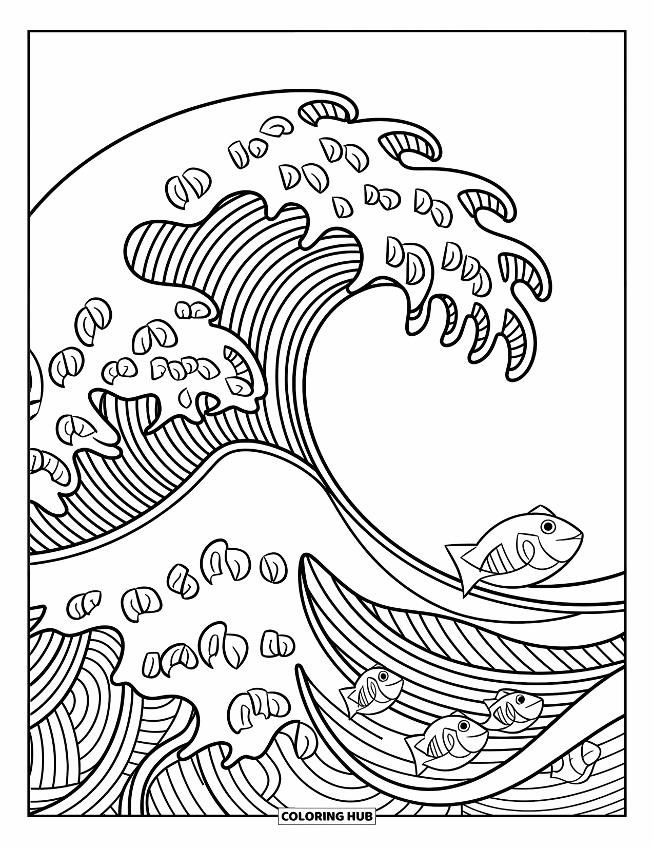 Geometric Coloring Page for Kids: Waves of half-circles roll with playful sea creatures tucked between the curves