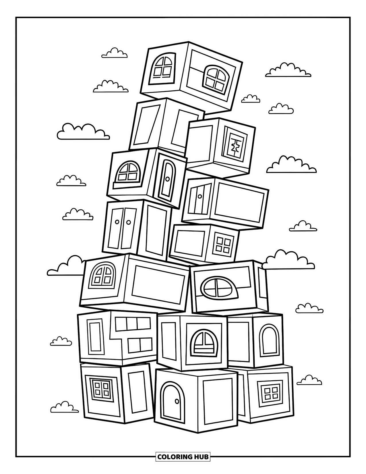 Geometric Coloring Page for Kids: Whimsical blocks tilt in different directions with stars, clouds, and tiny windows
